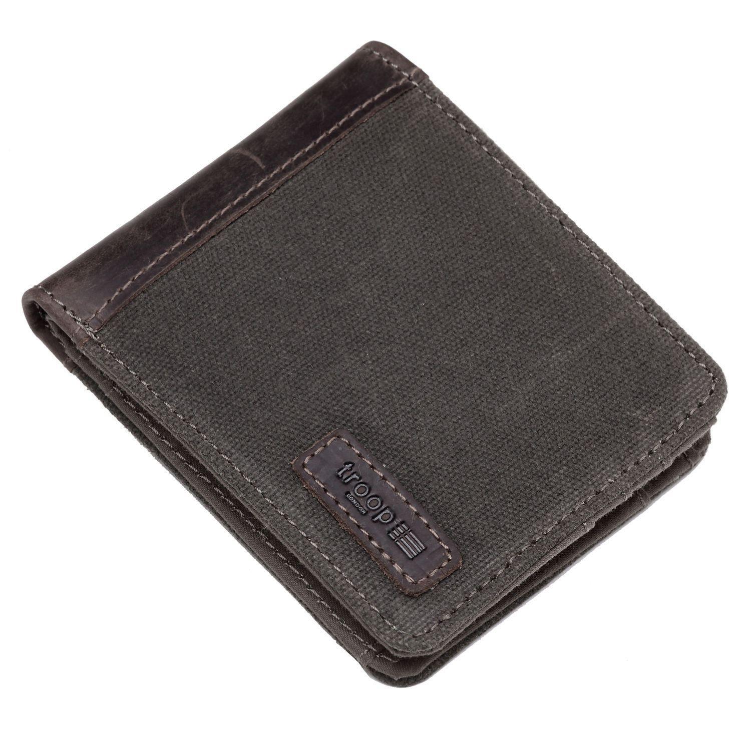 Troop London TRP0500 bi-fold olive wallet with multiple card slots and a sleek leather finish, shown open with inside compartments visible.
