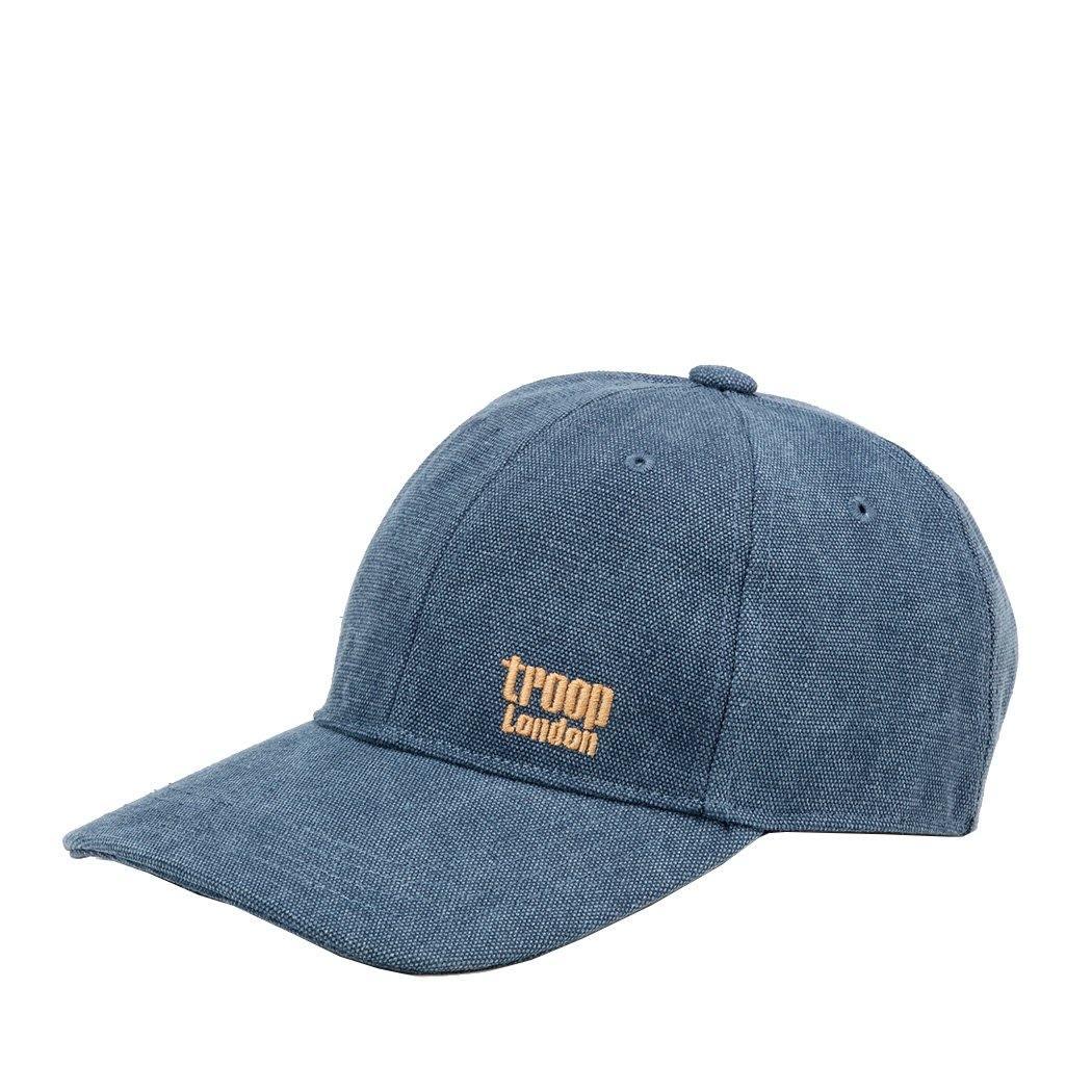 Blue Troop London baseball cap featuring a curved brim and adjustable strap, made from durable fabric for casual wear.