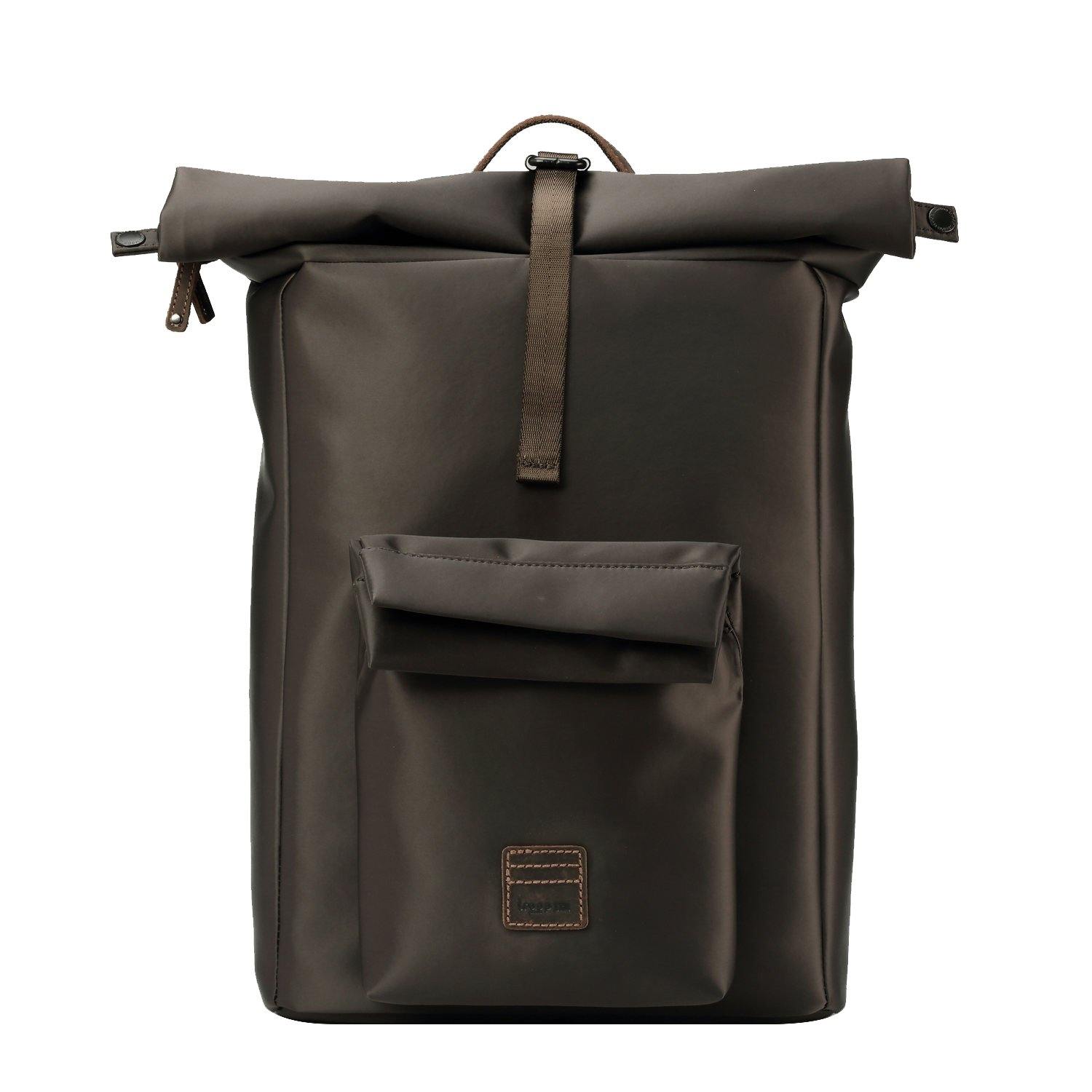 Dark brown Troop London Heritage Nylon Roll Top Backpack with laptop compartment, featuring a sleek, durable design.