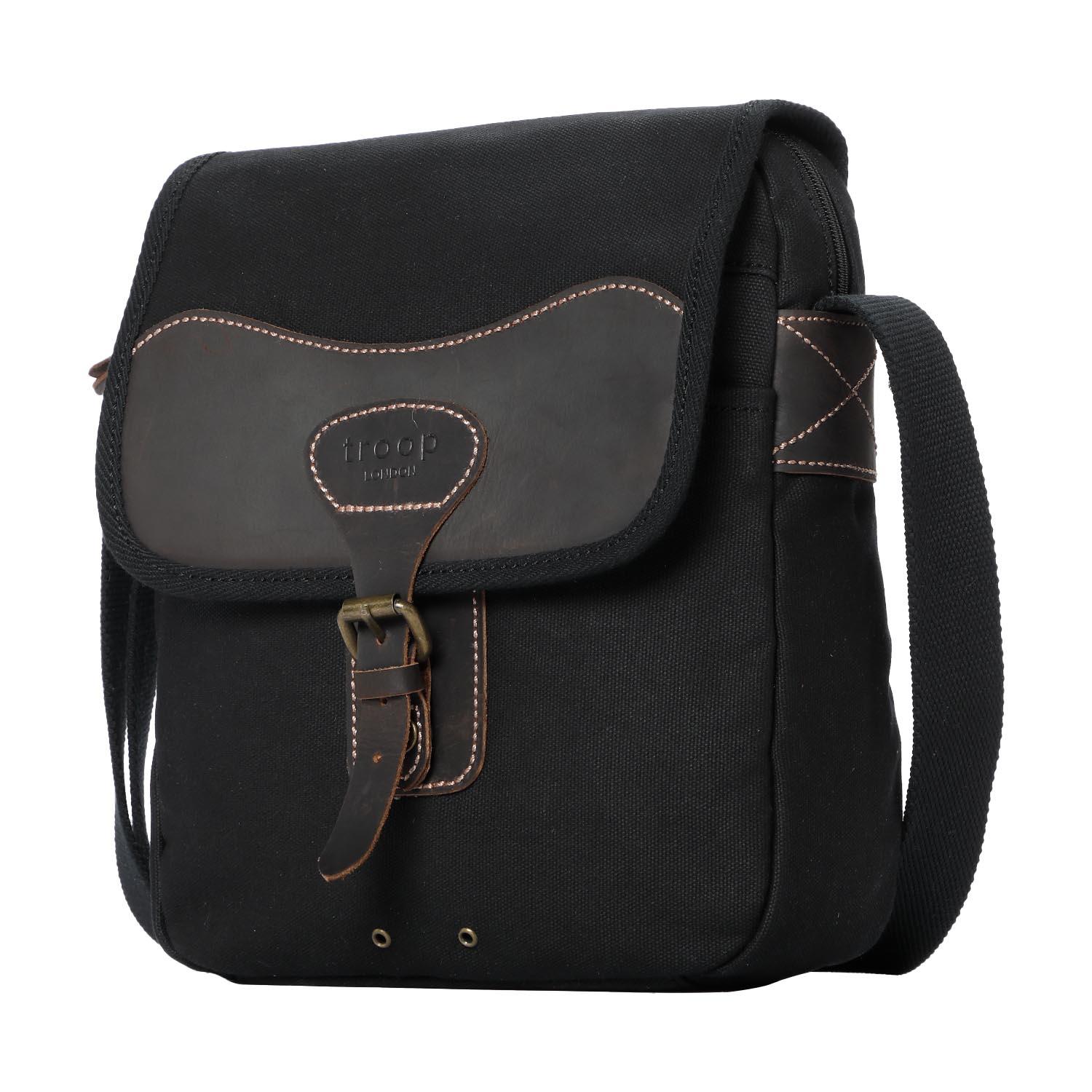 Black Troop London Heritage across body bag with adjustable strap and multiple compartments, stylish and functional for daily use.