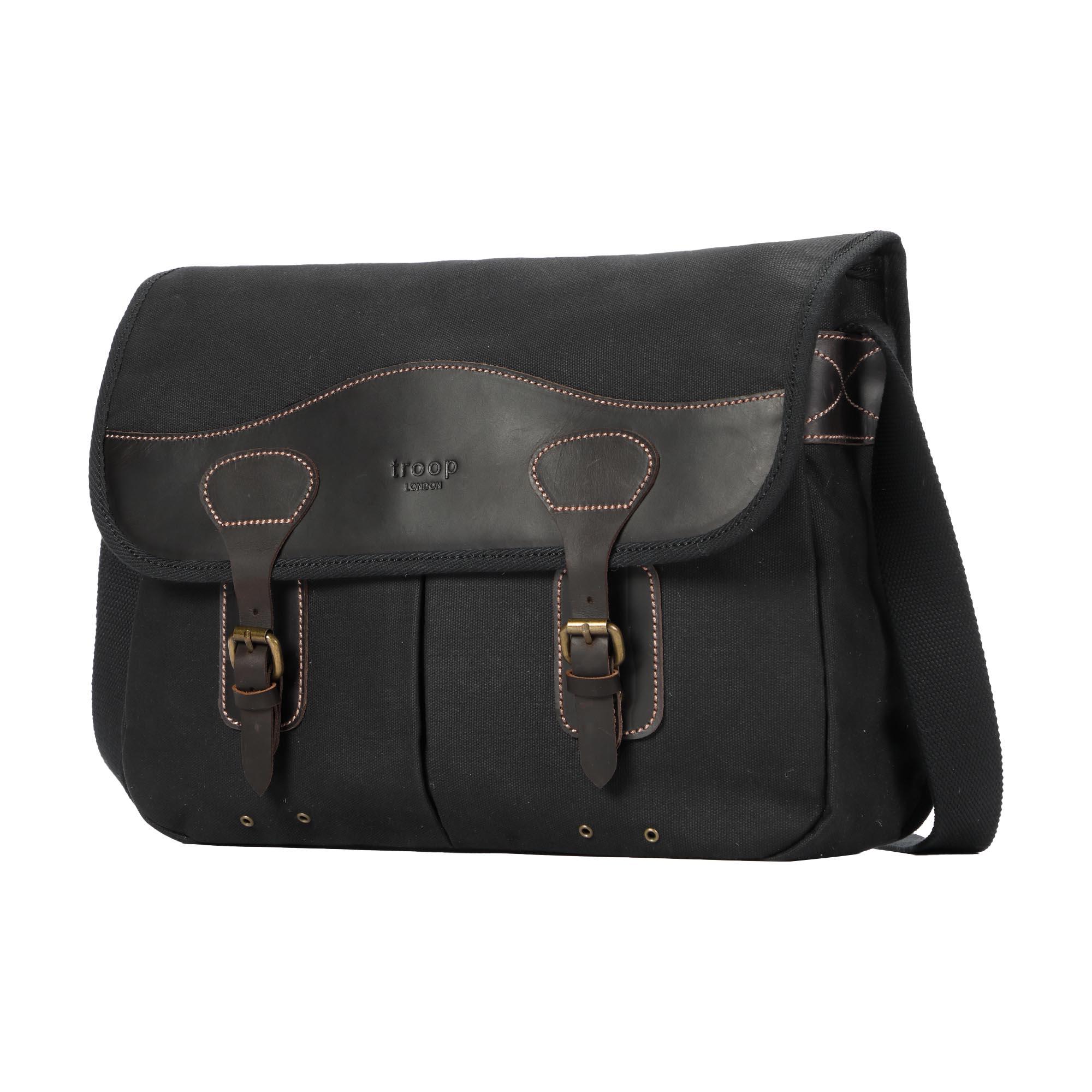 Black Troop London Heritage Laptop Messenger Bag with adjustable strap and multiple compartments for everyday use.