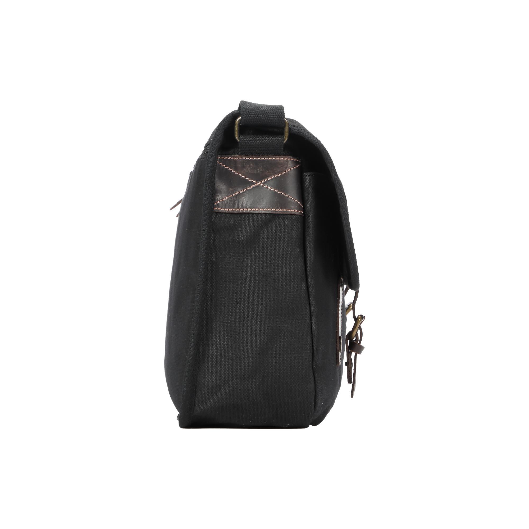 Black Troop London Heritage Messenger Bag with adjustable strap and multiple compartments for laptops and essentials.