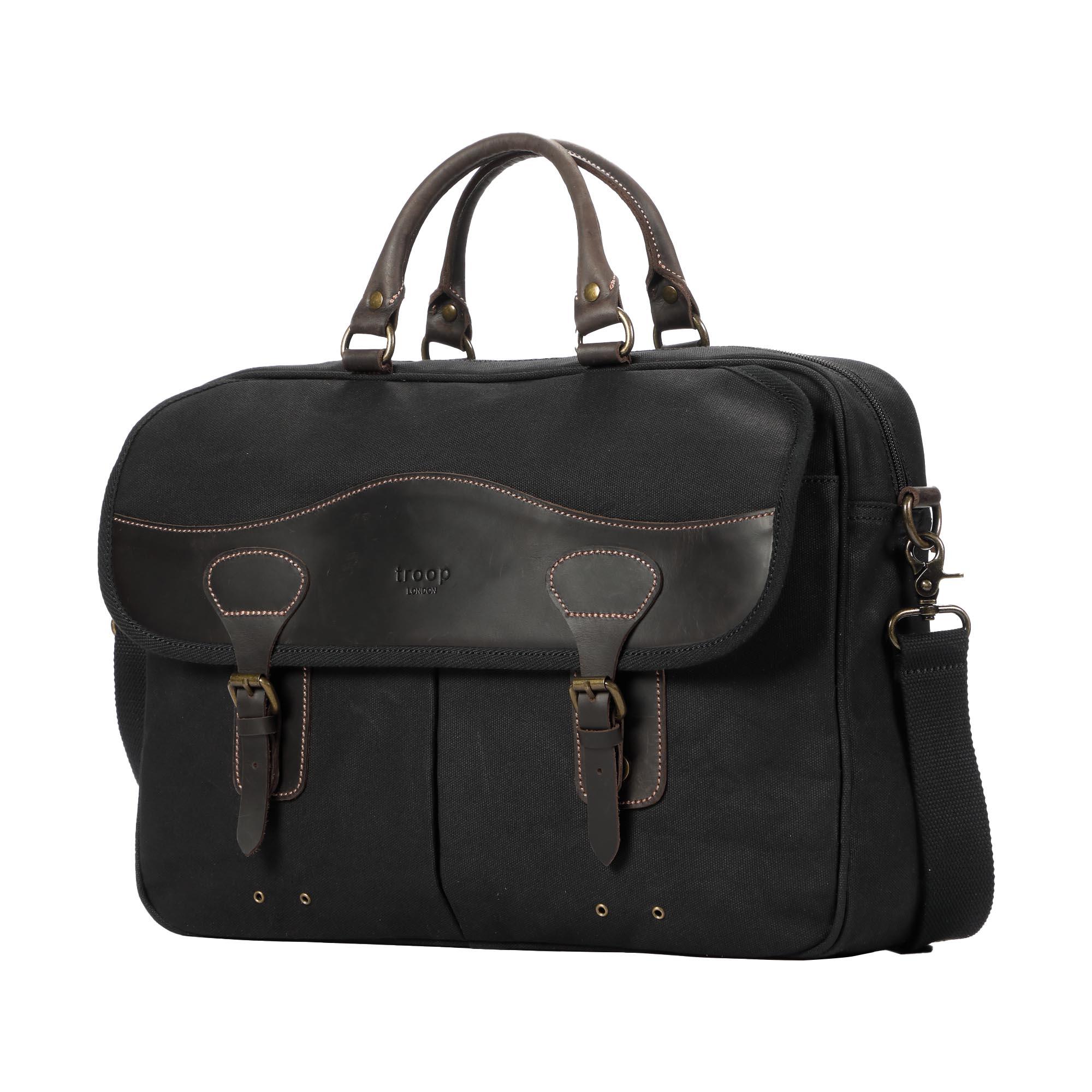 Black Troop London Messenger Bag with heritage design, featuring a sturdy strap and classic leather detailing.