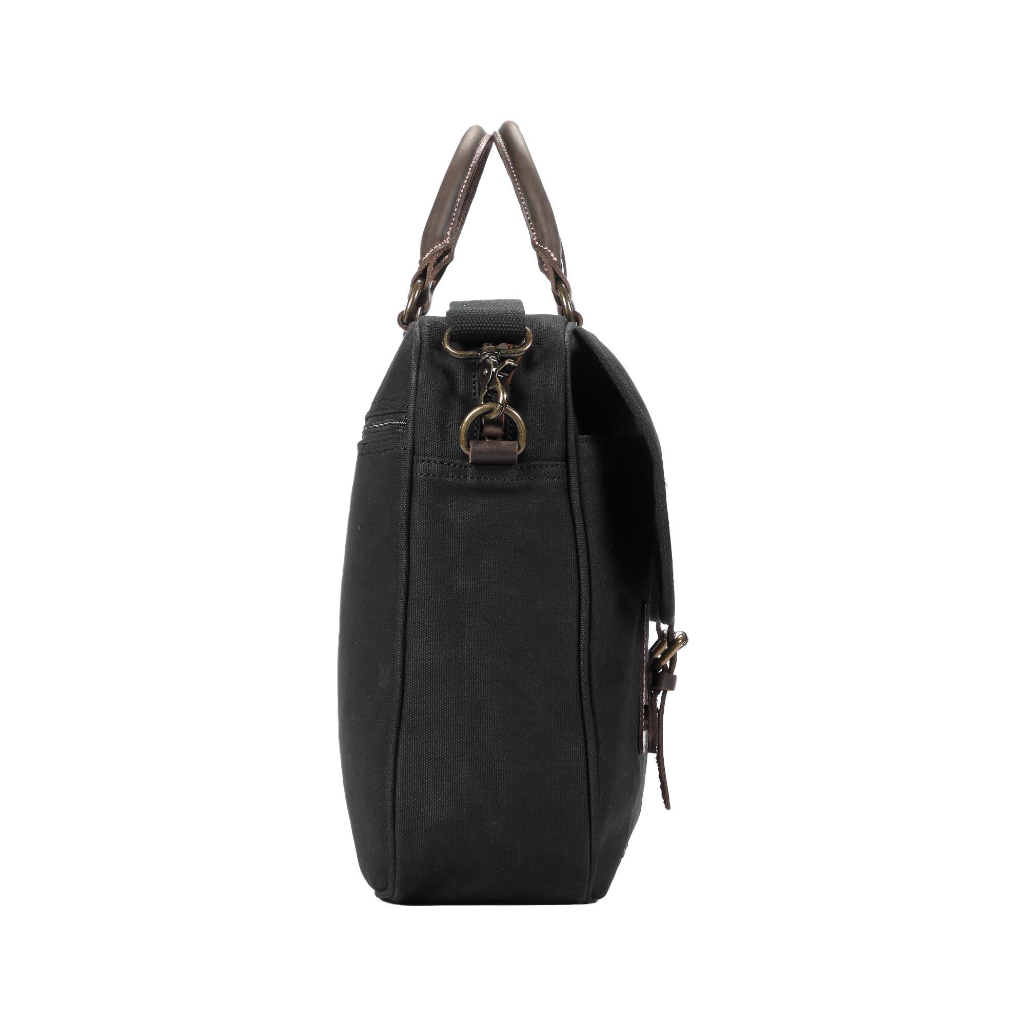 Black Troop London Heritage Messenger Bag with adjustable strap and multiple compartments, designed for laptop carrying.