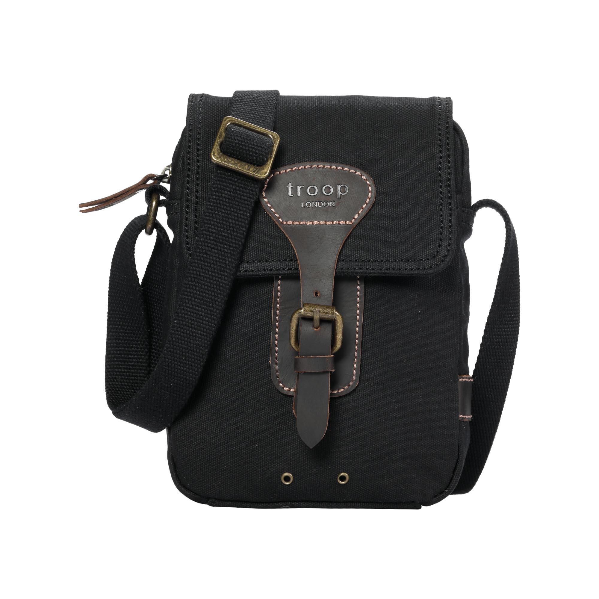 Black Troop London Heritage Across Body Bag, small size with adjustable strap and sleek design, front and side views.