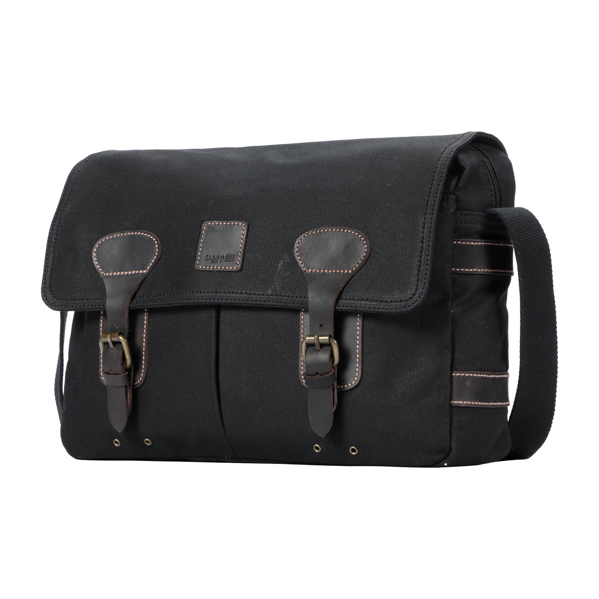 Black Troop London Heritage Messenger Bag with adjustable shoulder strap and multiple compartments, designed for laptops.