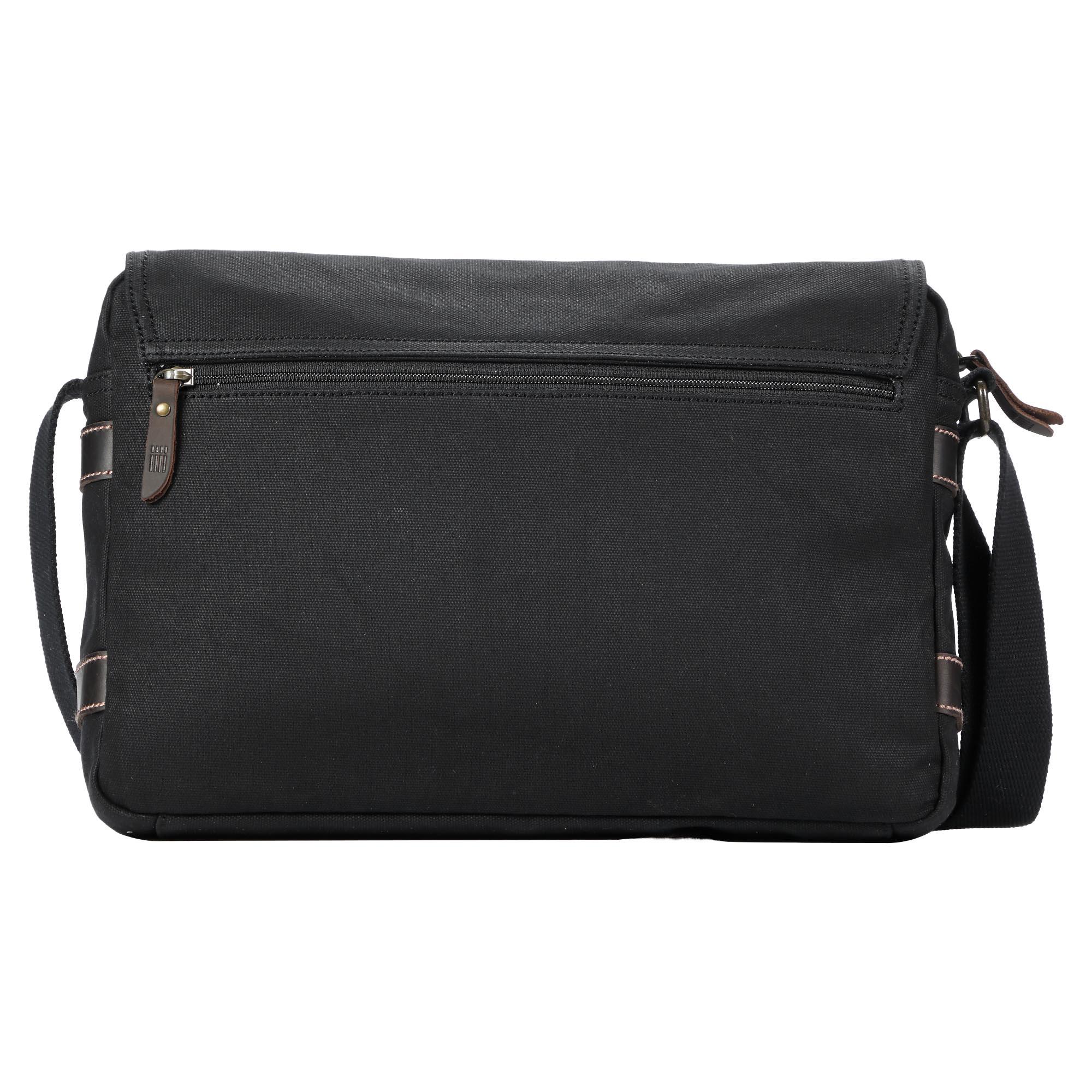 Black Troop London Heritage Messenger Bag for laptops with sturdy leather straps and multiple compartments.