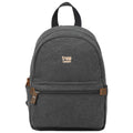 Small Troop London backpack in blackstone wash fabric, featuring a compact design with adjustable straps and multiple compartments.