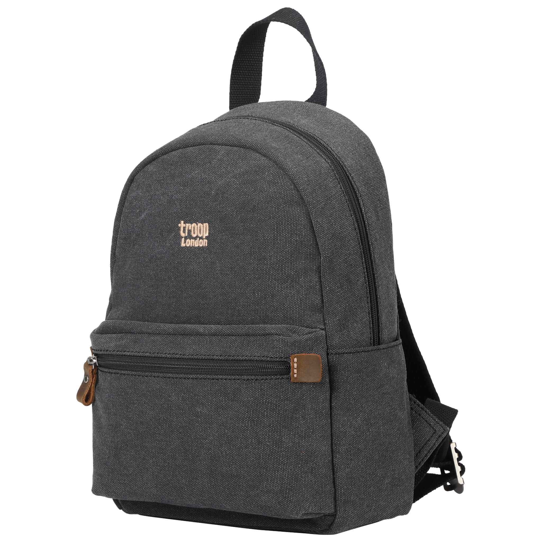 Small black Troop London backpack with stone wash finish, featuring adjustable straps and multiple compartments.
