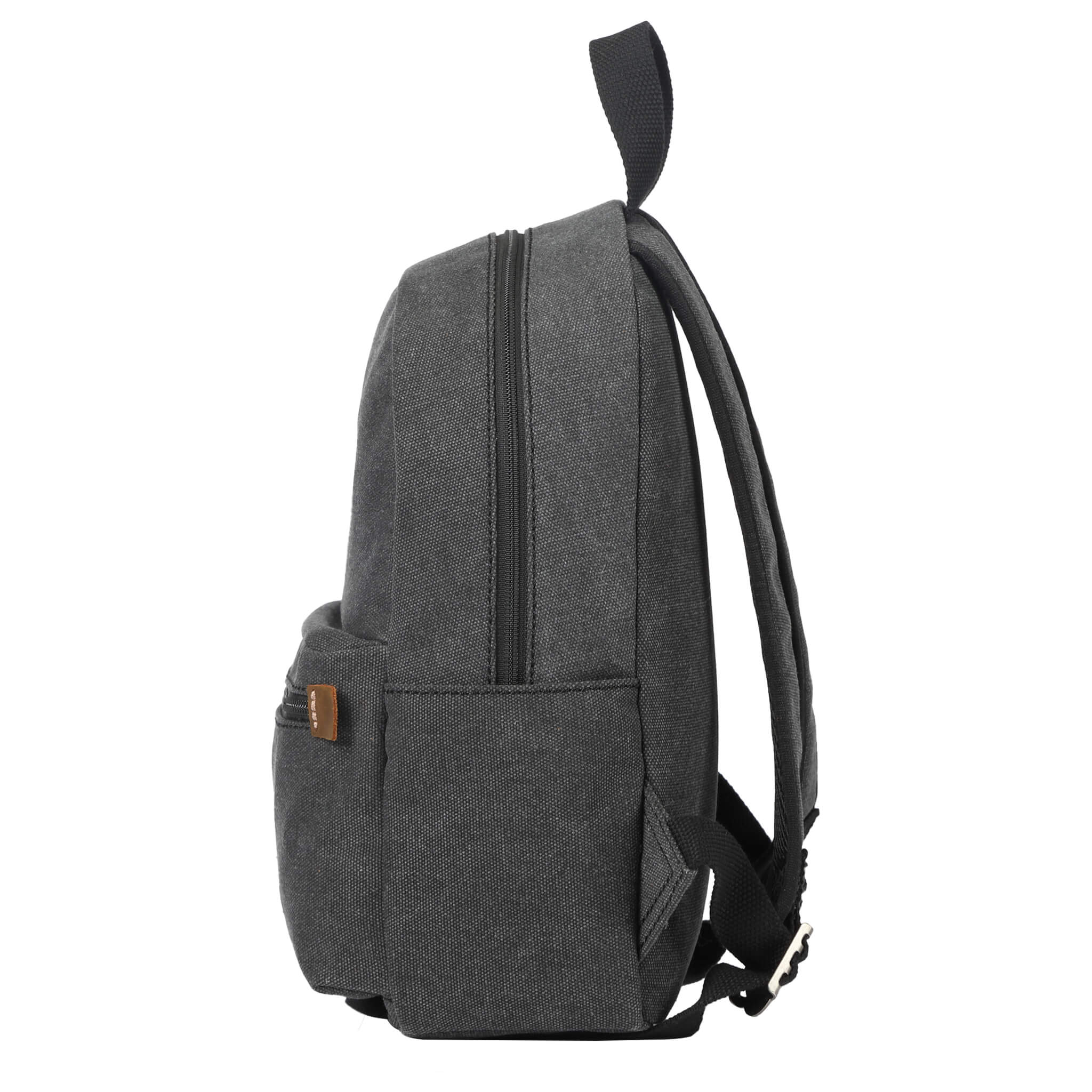 Small Troop London backpack in blackstone wash fabric with adjustable straps and multiple compartments.