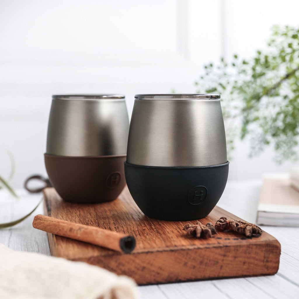 Titanium grey HYDY 8 oz ink black tumbler with a sleek design, perfect for hot and cold beverages.