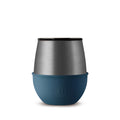 Titanium grey and navy blue HYDY 8 oz tumbler with a sleek design, ideal for hot and cold beverages.