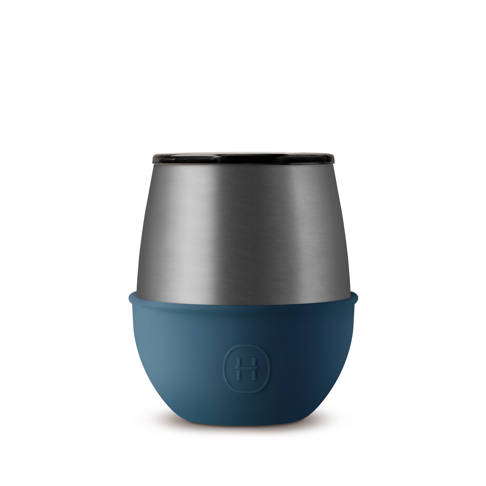 Titanium grey and navy blue HYDY 8 oz tumbler with a sleek design, ideal for hot and cold beverages.