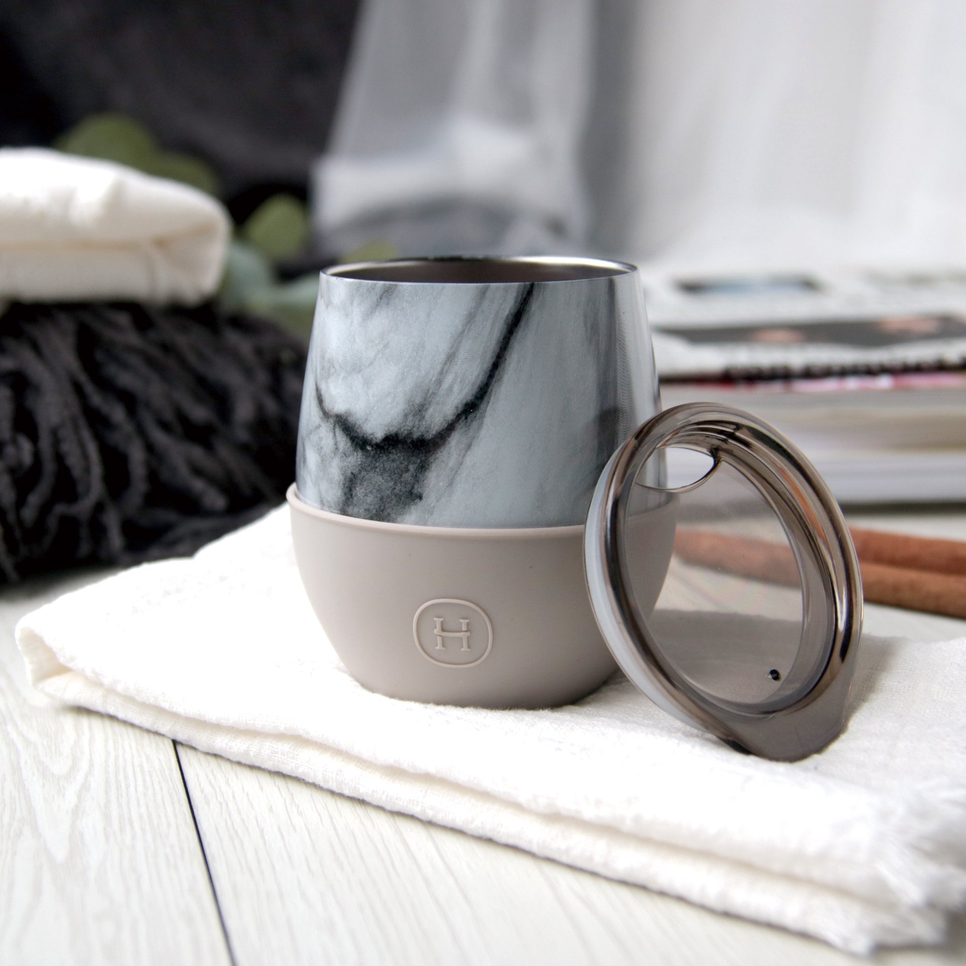 White marble eucalyptus tumbler by HYDY, 8 oz, featuring a sleek white marble design and eco-friendly material for daily use.