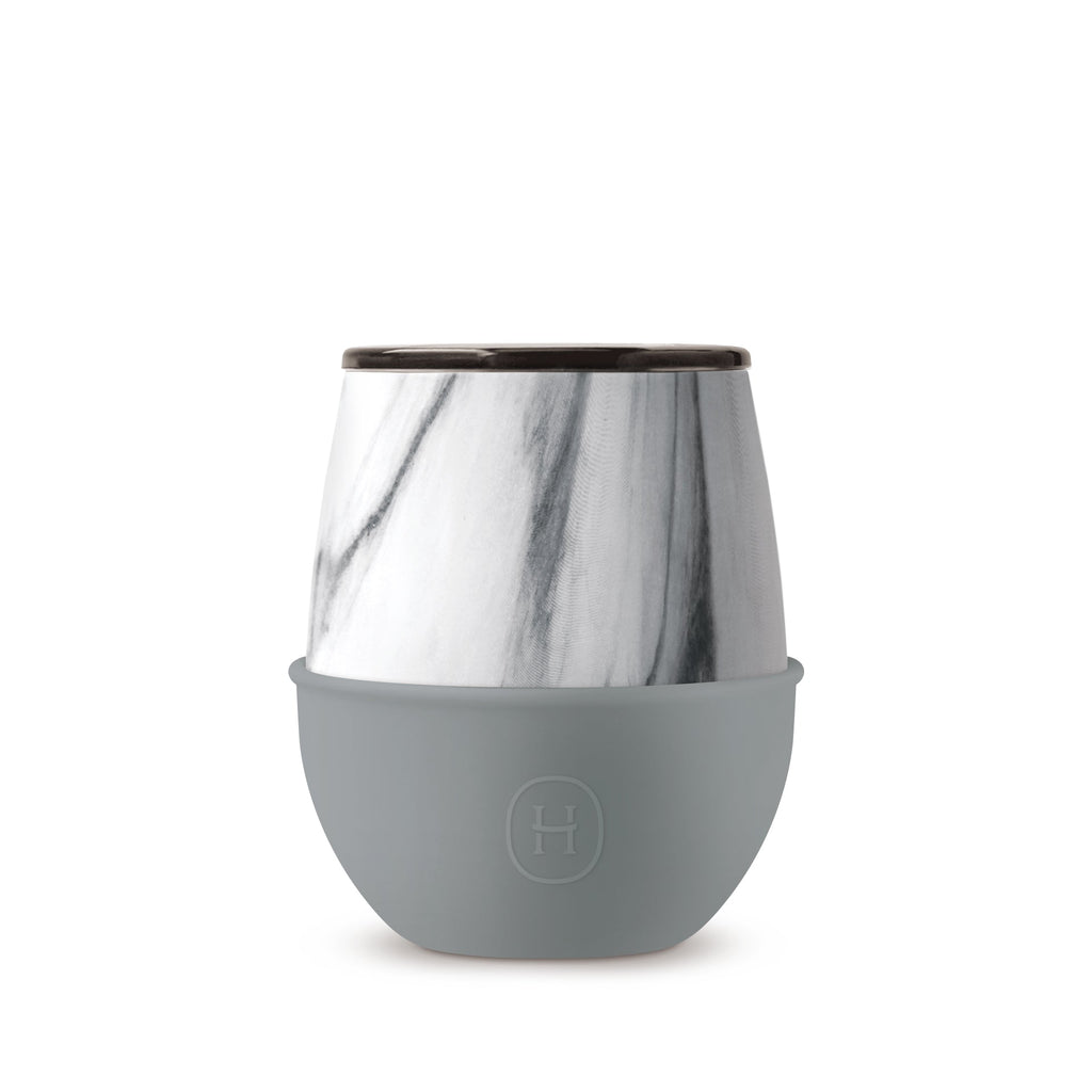 White marble HYDY Fjord 8 oz tumbler with sleek design, featuring a white marble pattern and stainless steel interior.