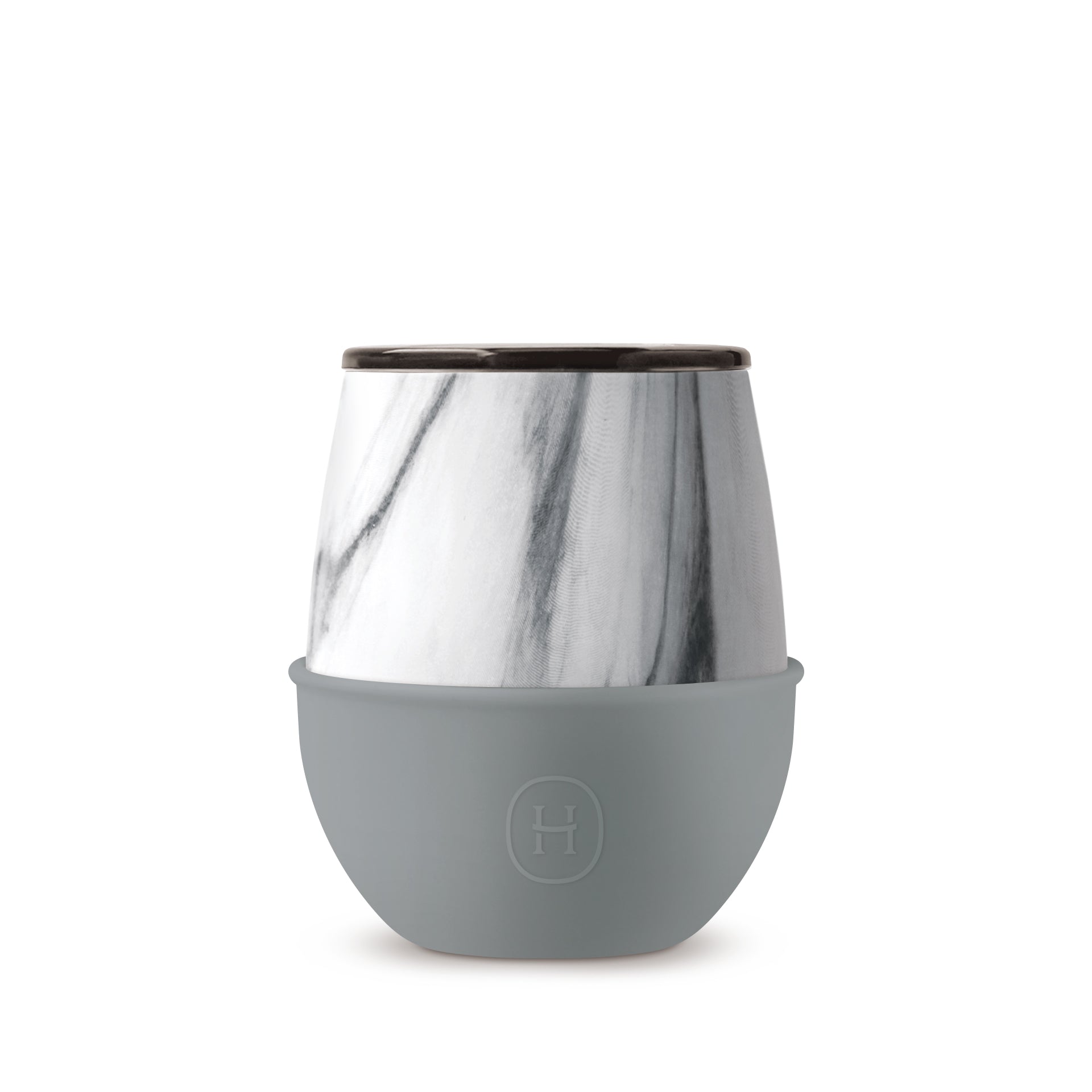 White marble HYDY Fjord 8 oz tumbler with sleek design, featuring a white marble pattern and stainless steel interior.
