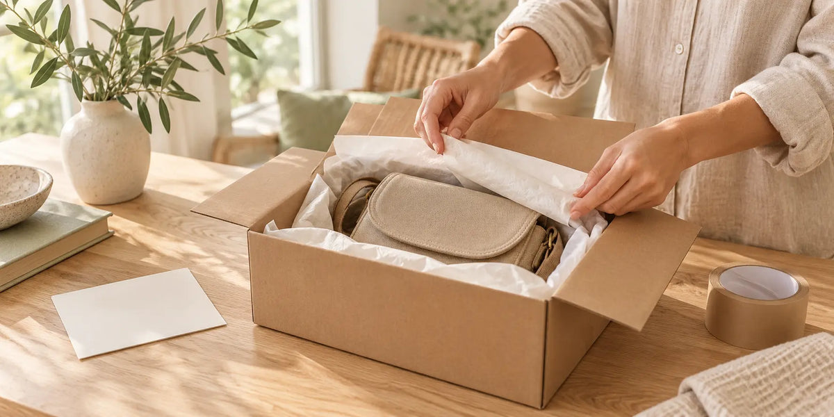 Hands folding tissue around a canvas bag inside a cardboard box, ready for return, on a sunlit oak table.
