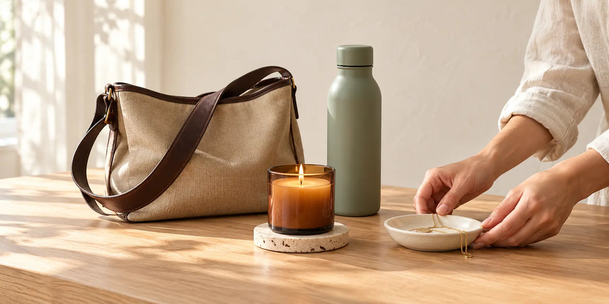 Hands arranging a gold necklace beside a canvas bag, sage bottle and glowing amber candle on a sunlit wooden table.