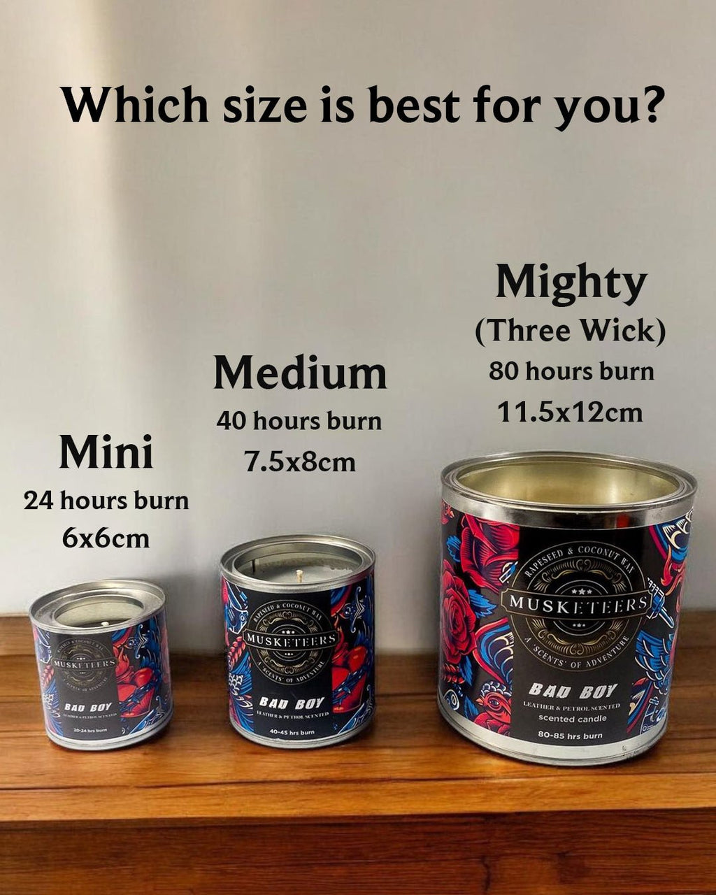 Musketeers Lumberjack Pine Candle with three size options, featuring forest-inspired masculine design for man cave decor.