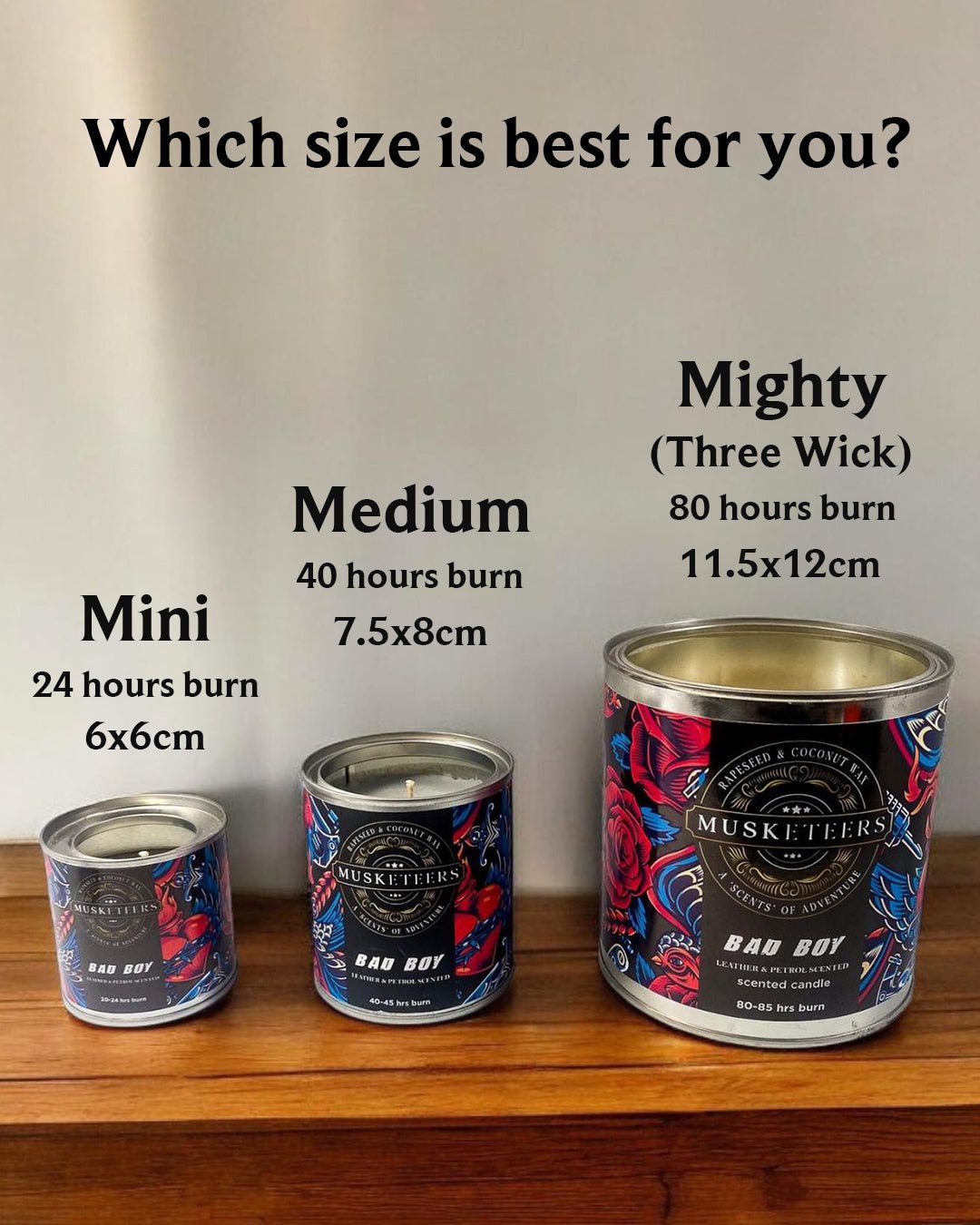 Musketeers Lumberjack Pine Candle with three size options, featuring forest-inspired masculine design for man cave decor.