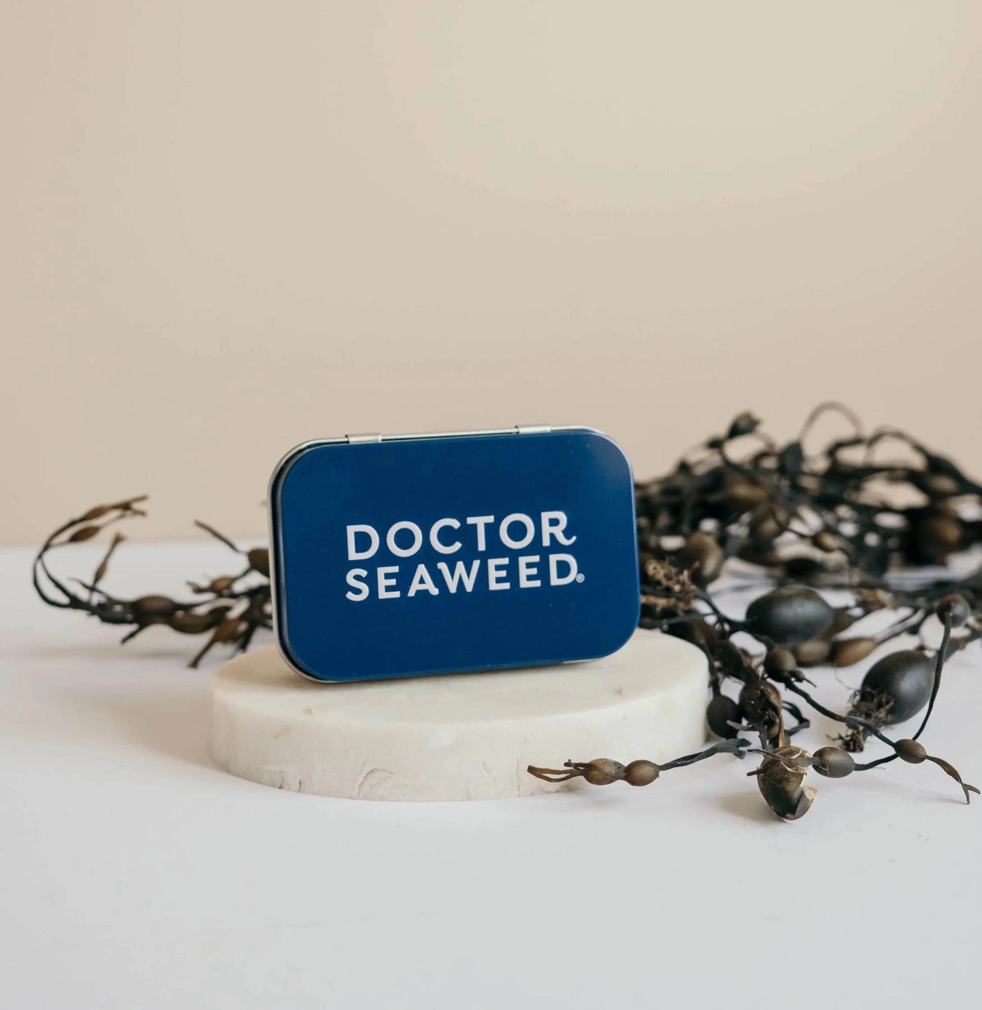 Refillable Doctor Seaweed supplement tin with metallic finish and compact design, ideal for storing dietary supplements or herbs.