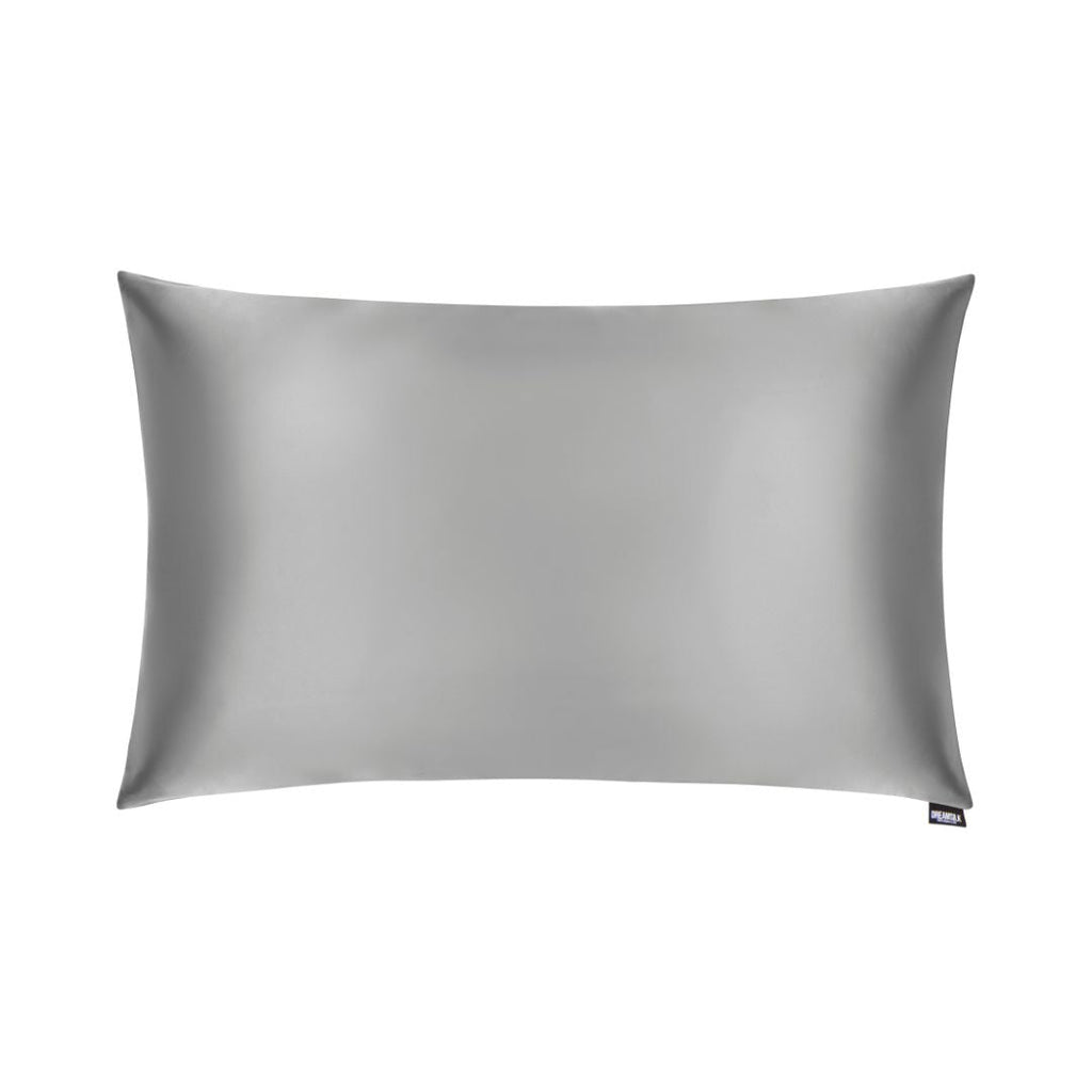 Silver silk pillowcase from DREAMSILK, standard size, smooth and shiny silk fabric for luxurious bedroom decor.