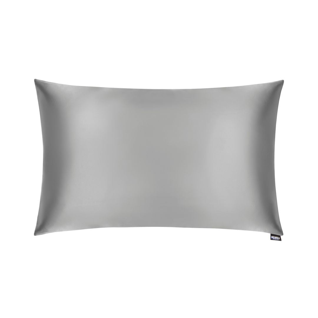 Silver silk pillowcase from DREAMSILK, standard size, smooth and shiny silk fabric for luxurious bedroom decor.