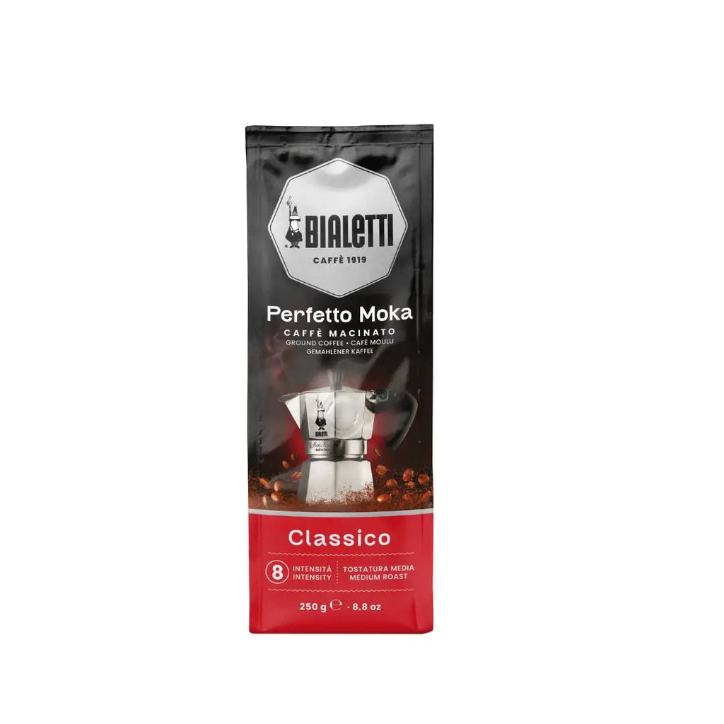 Bialetti Perfetto Moka stovetop coffee maker with polished aluminum finish and black handle, designed for brewing espresso-style coffee.