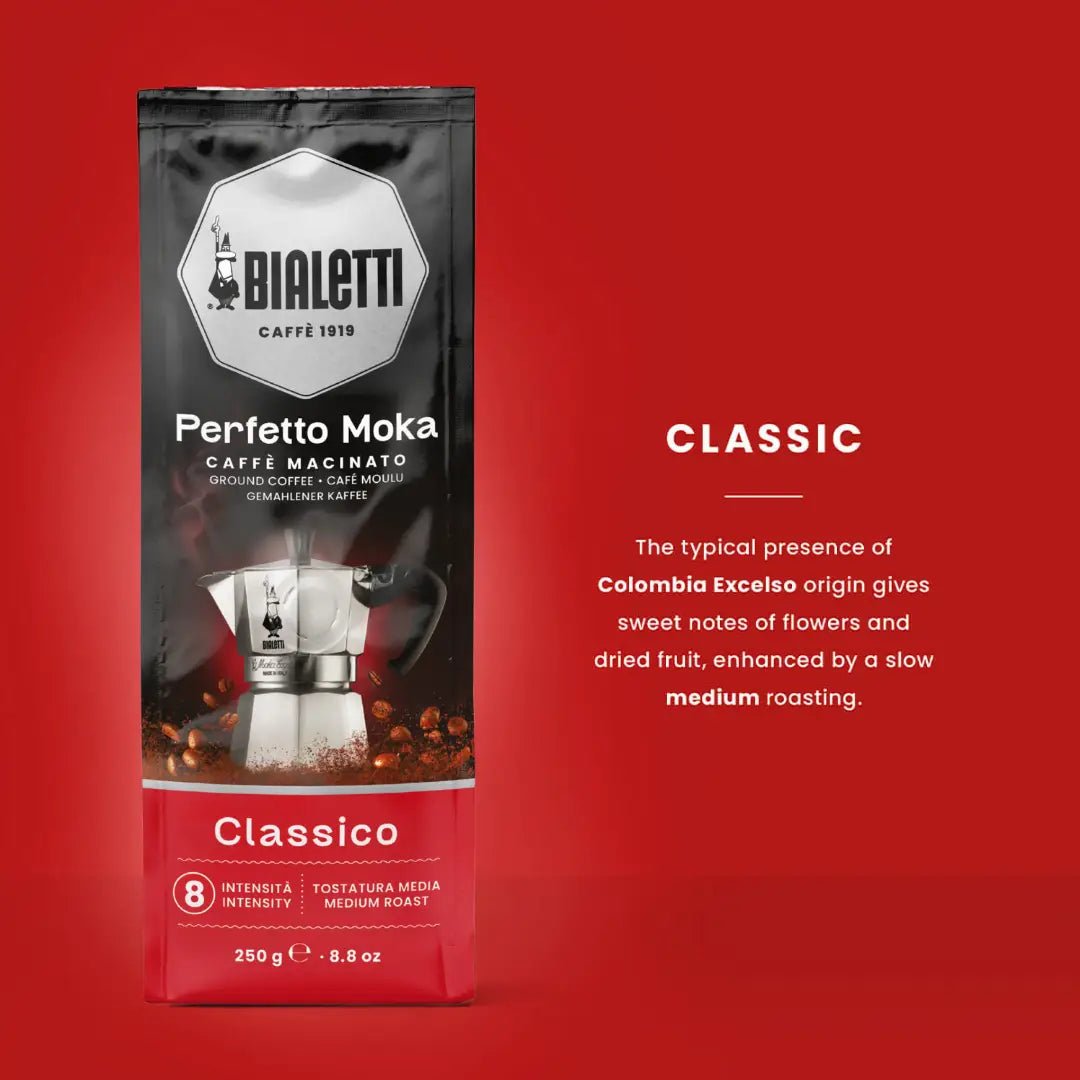 Bialetti Perfetto Moka stovetop coffee maker with stainless steel finish and ergonomic handle, designed for rich espresso brewing.
