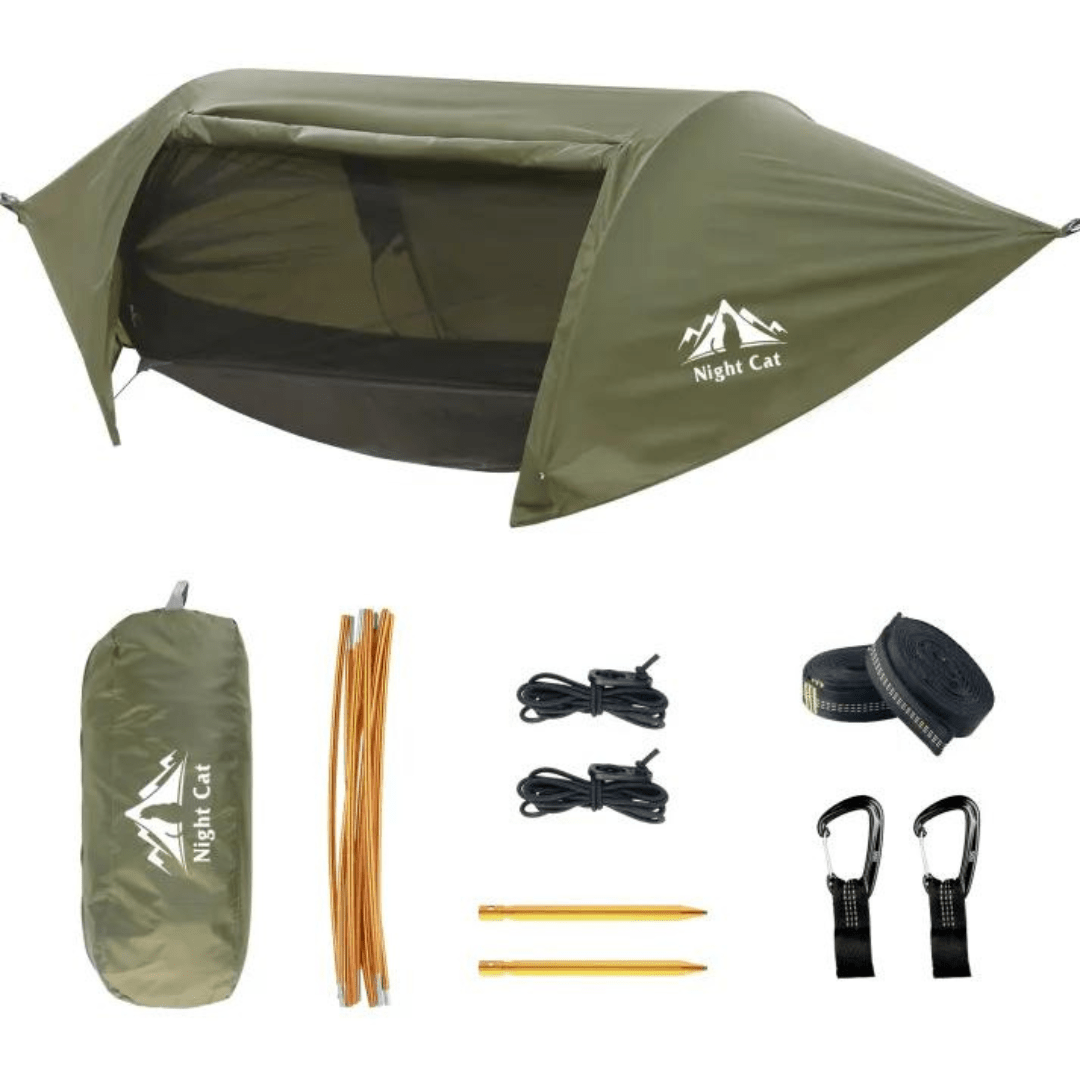 HikeWare Night Cat Hammock Tent set up outdoors with its hanging fabric and sturdy support system for camping or relaxing.