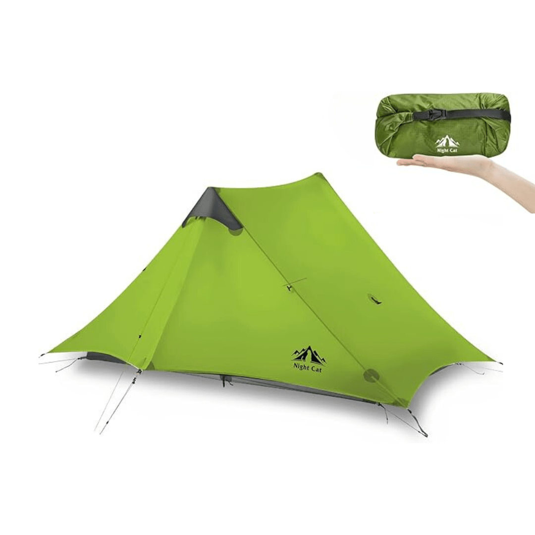 HikeWare Night Cat 2-person ultralight backpacking tent set up outdoors, featuring waterproof fabric and mesh windows for ventilation.