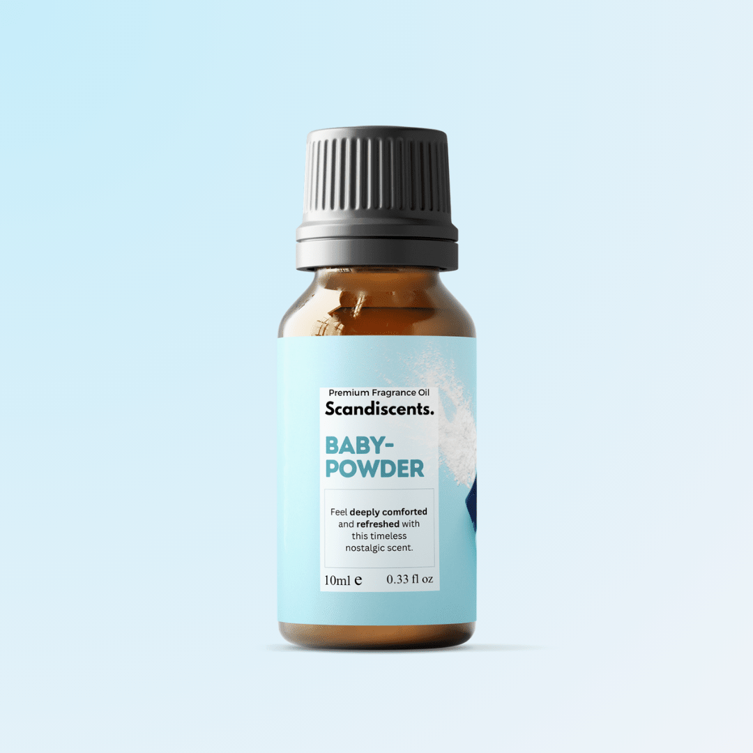 Scandiscents Baby Powder fragrance oil bottle with white cap and label, designed for creating soft, fresh scented products.