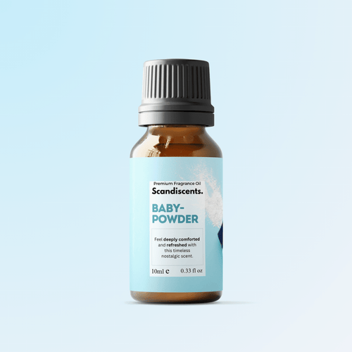 Scandiscents Baby Powder fragrance oil bottle with white cap and label, designed for creating soft, fresh scented products.