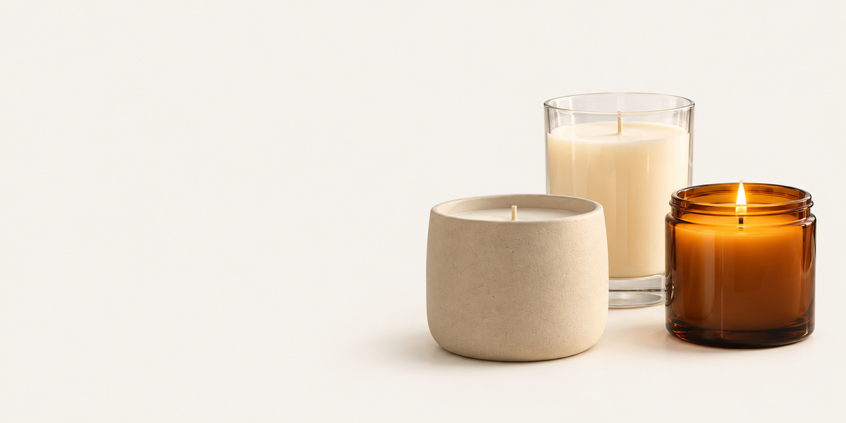 Three candles in cream ceramic, clear glass and amber vessels arranged on the right against a warm ivory background.