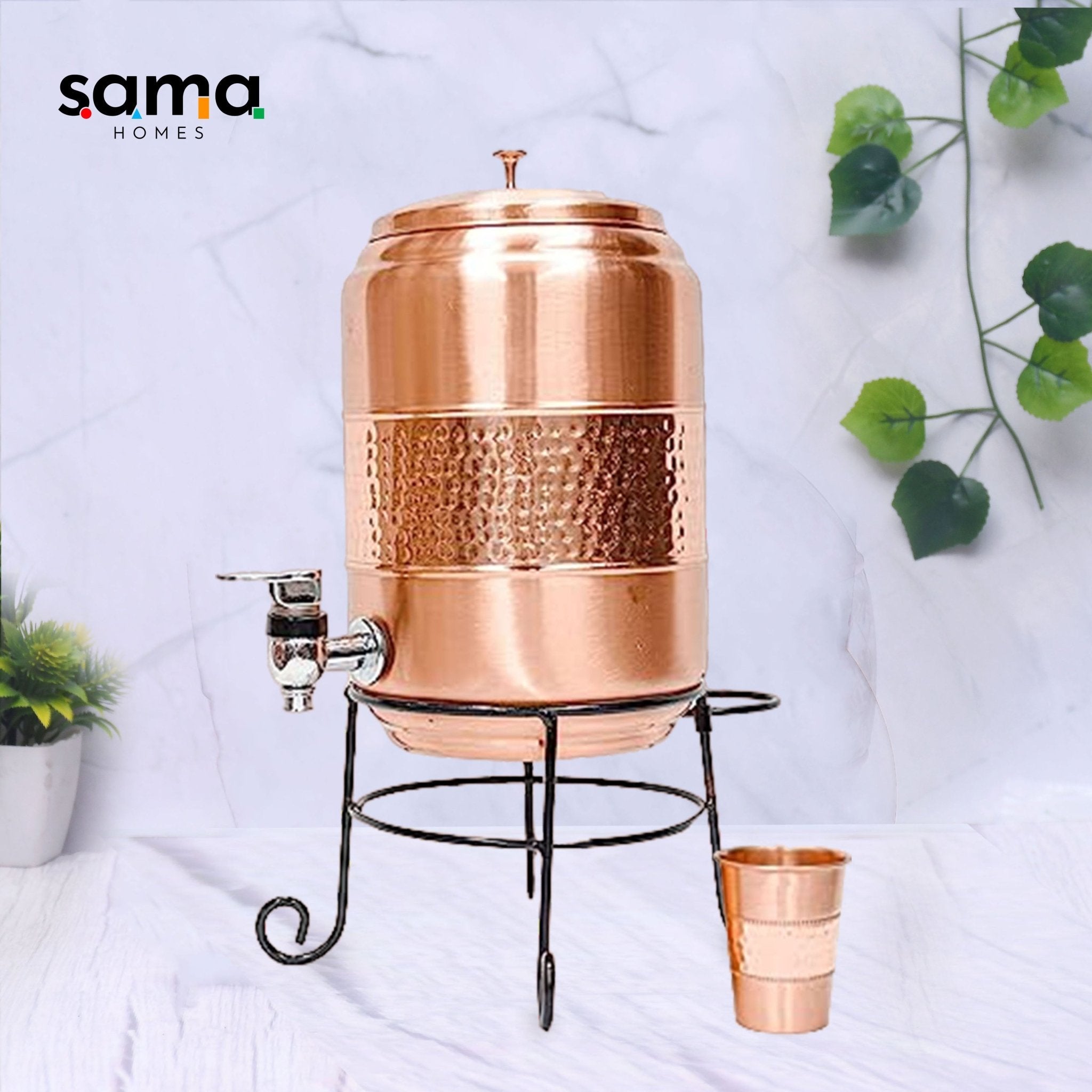 Copper water dispenser with glass and stand, half-hammered finish, 5000ml capacity, by SAMA Homes.