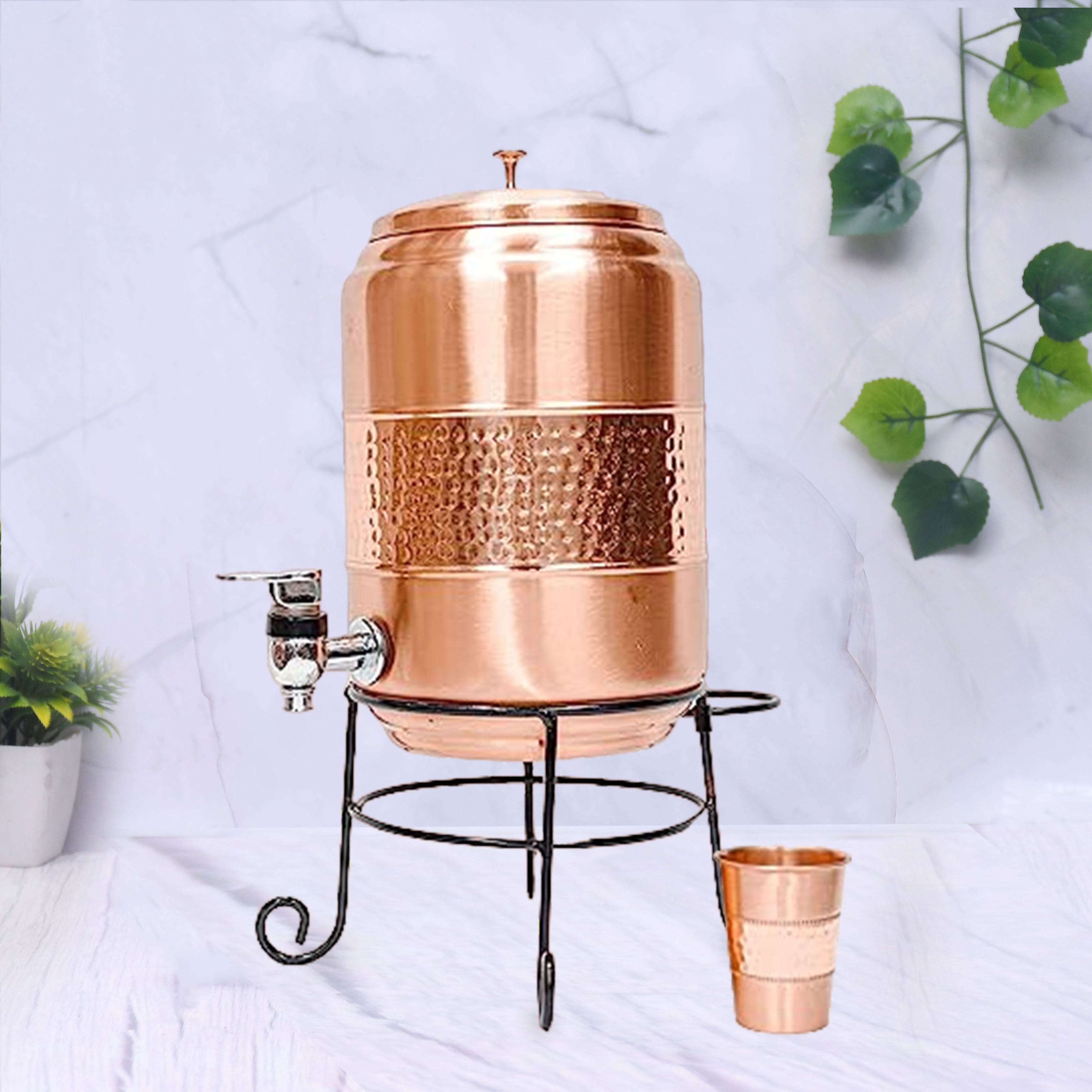 Pure copper water dispenser with glass and stand, 5000ml capacity, hammered finish, from SAMA Homes.