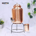 Pure copper hammered water dispenser with stand and glass, 5-liter capacity, Ayurvedic Tamra Jal by SAMA Homes.