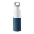 White and navy blue HYDY 20 oz water bottle with a sleek design and durable stainless steel construction.