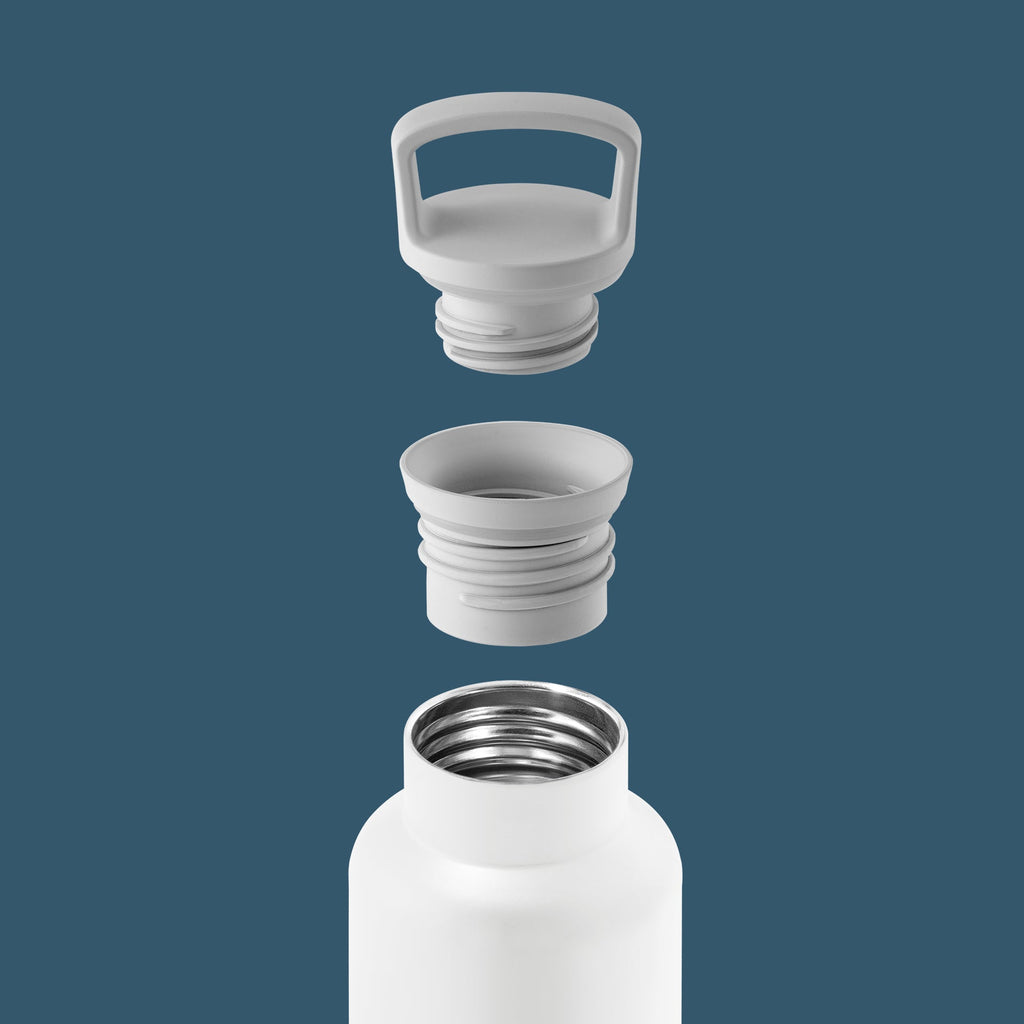 White and navy blue HYDY 20 oz bottle with a sleek design, shown in the product image.