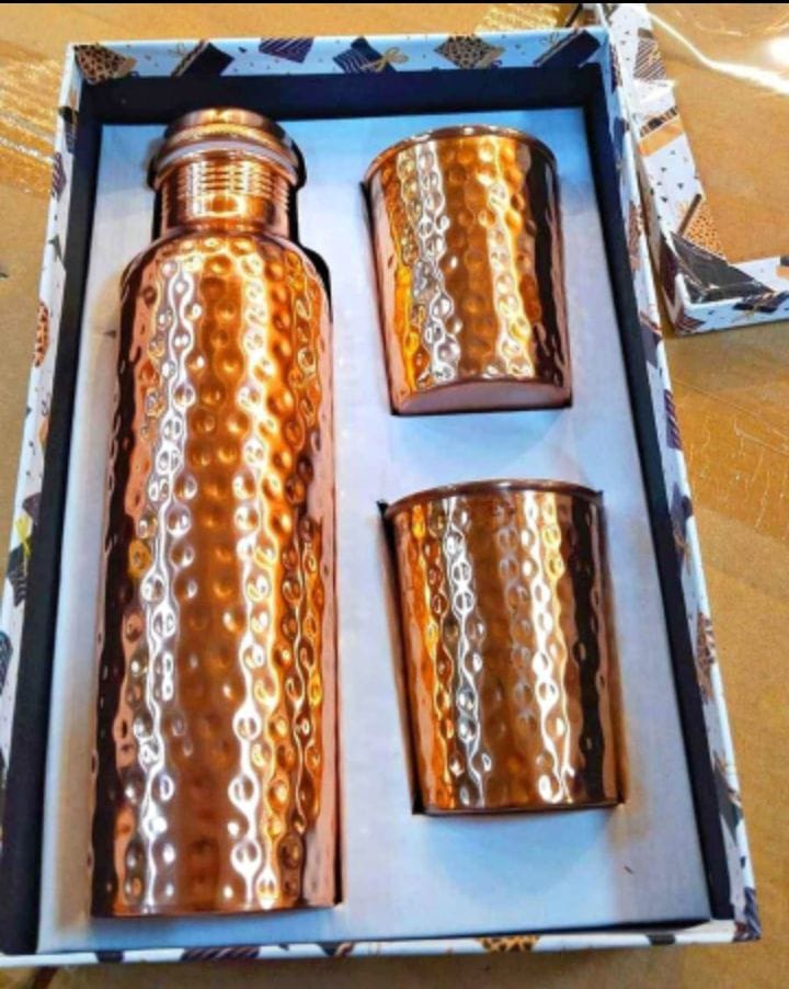 Pure copper water bottle and glass gift set by SAMA Homes, ideal for Ayurvedic wellness and corporate gifting.