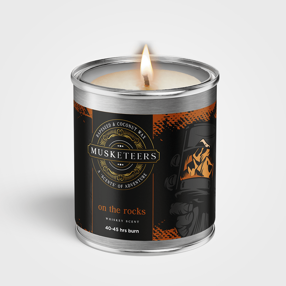 Luxurious Musketeers whisky scented candle with masculine design, perfect for creating a warm, sophisticated atmosphere.