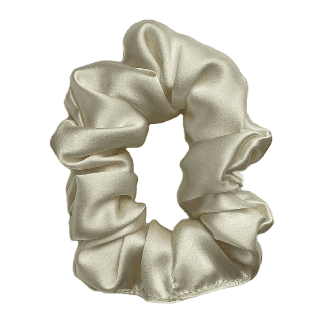 White silk scrunchie by DREAMSILK with a smooth, shiny finish, designed for gentle hair hold and elegance.