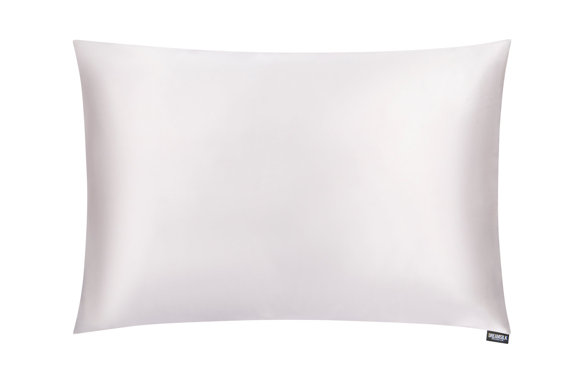 White luxury silk pillowcase by DREAMSILK, showcasing smooth, shiny silk fabric designed for comfort and elegance.