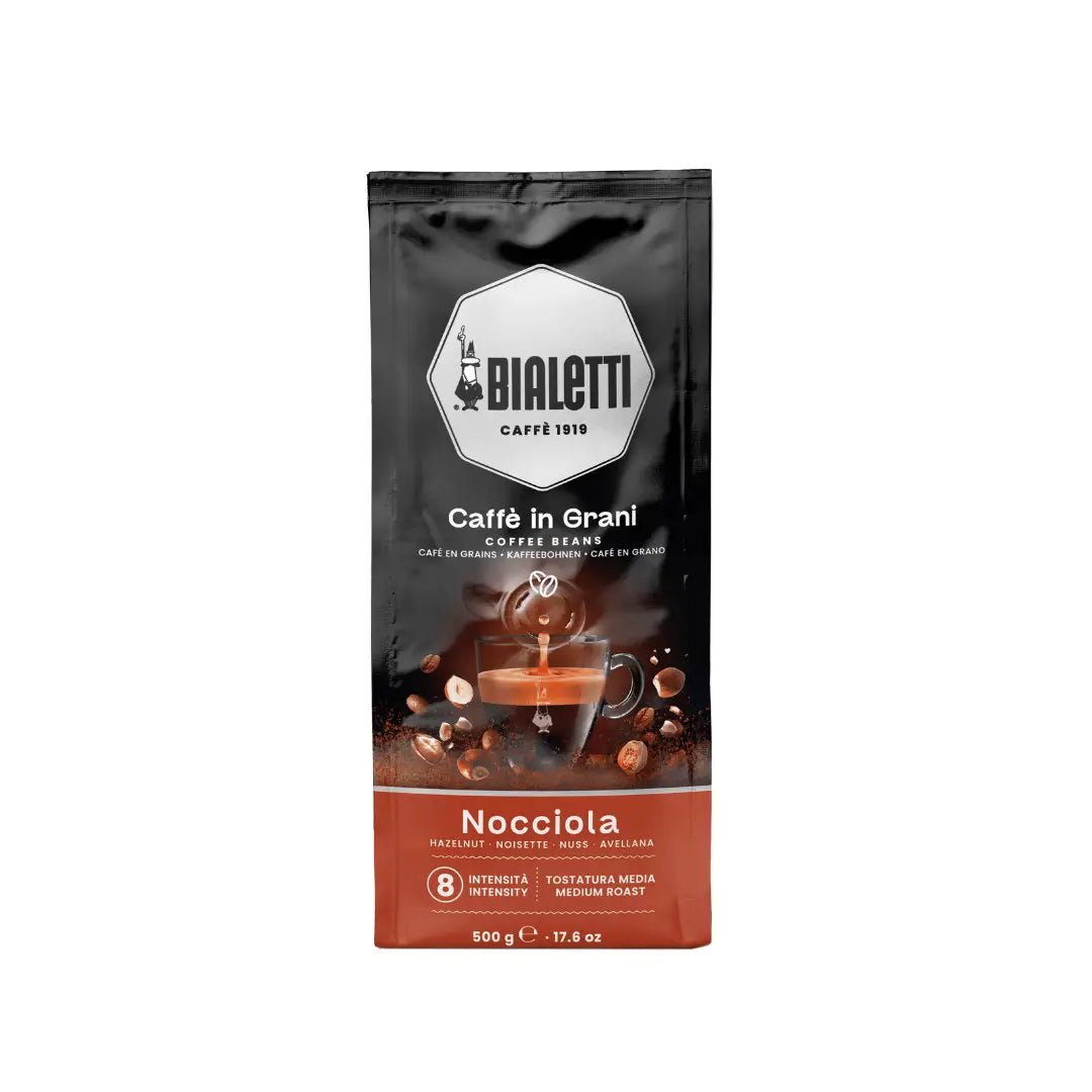 Bialetti Brew Italia whole hazelnut coffee beans in 500g bag, premium coffee for brewing rich, flavorful espresso and coffee drinks