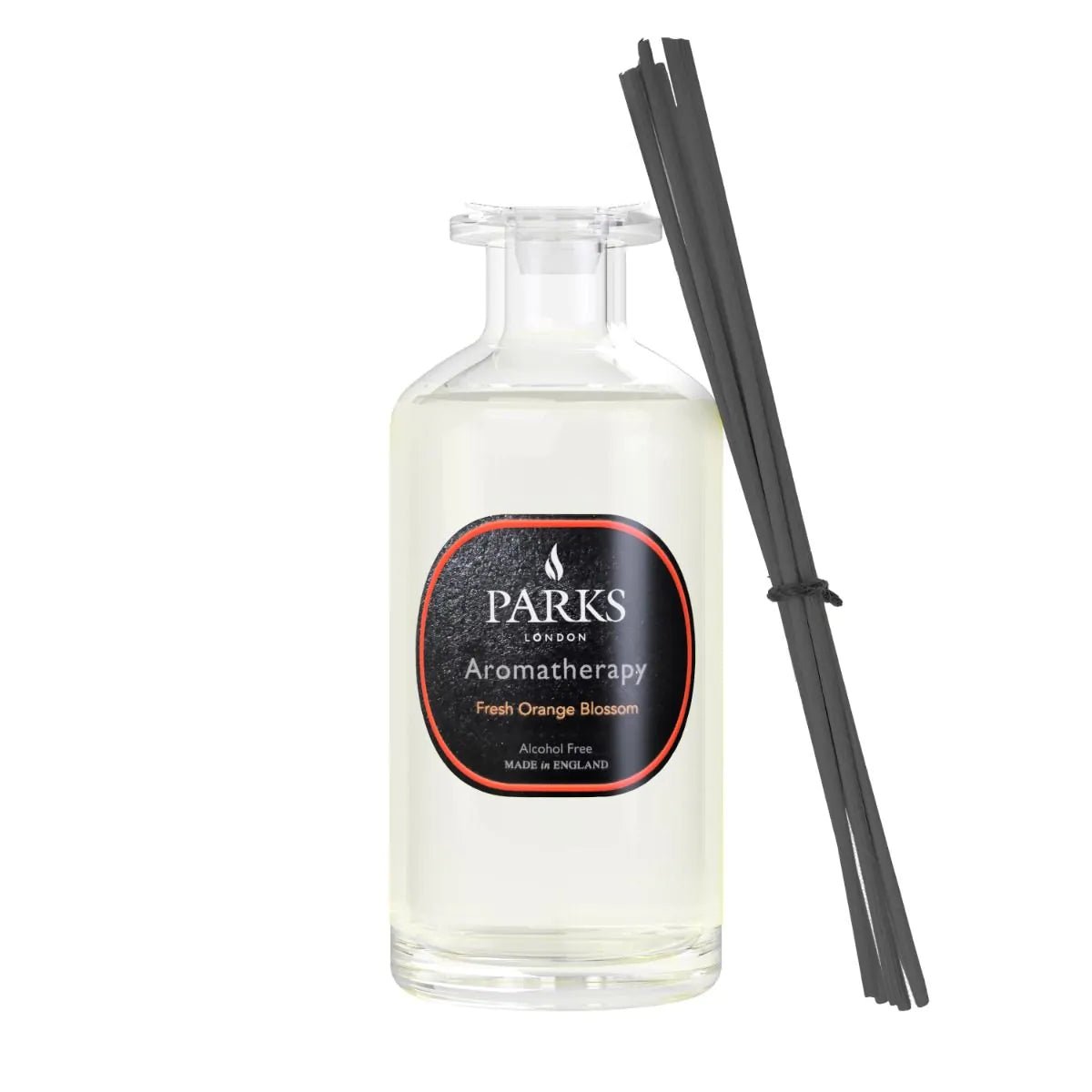Fresh orange blossom reed diffuser from Parks Candles, 220ml, with a clear glass bottle and reed sticks for aromatherapy.