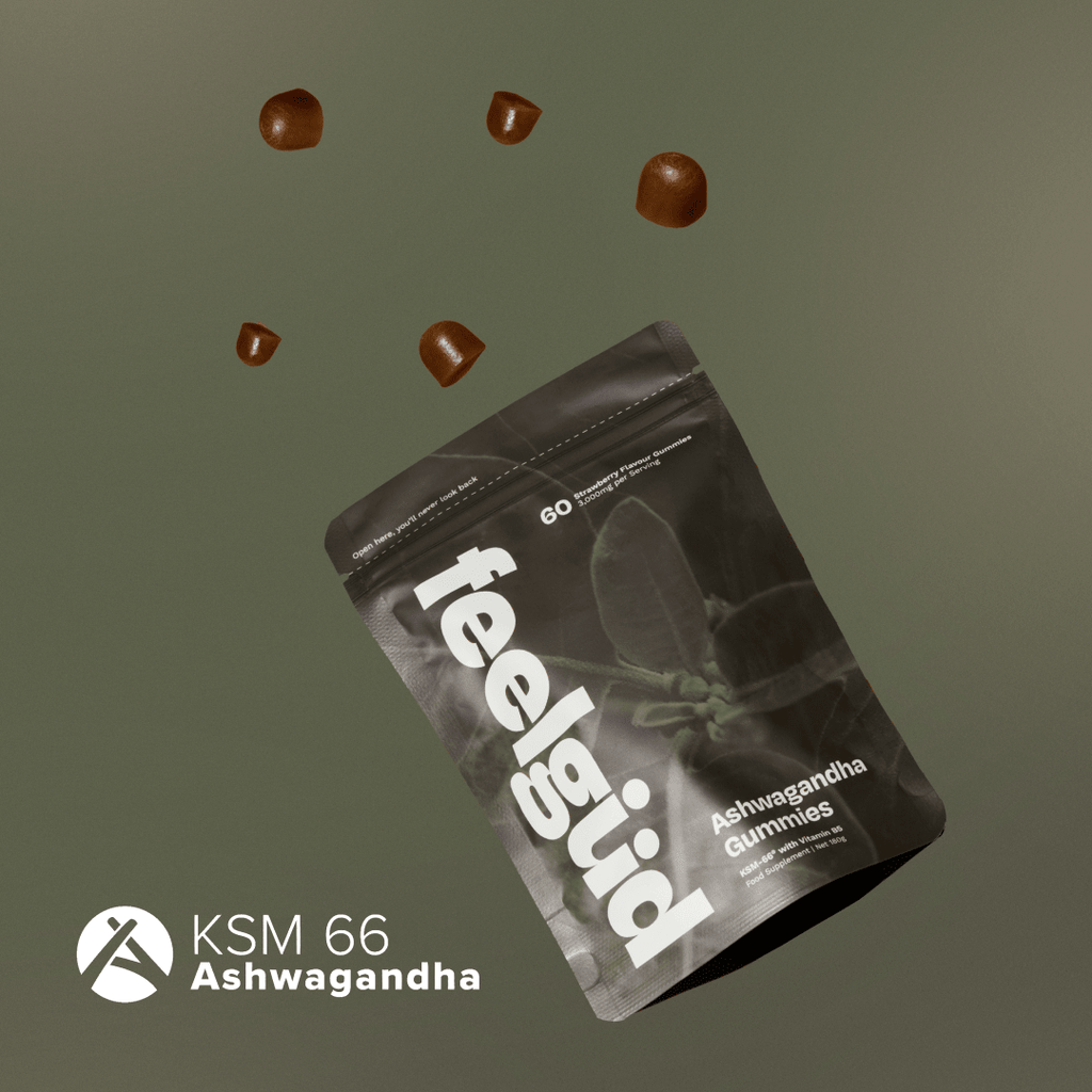 Feel Güd Ashwagandha Gummies showing soft, chewable herbal supplements in a clear container with a natural setting background.