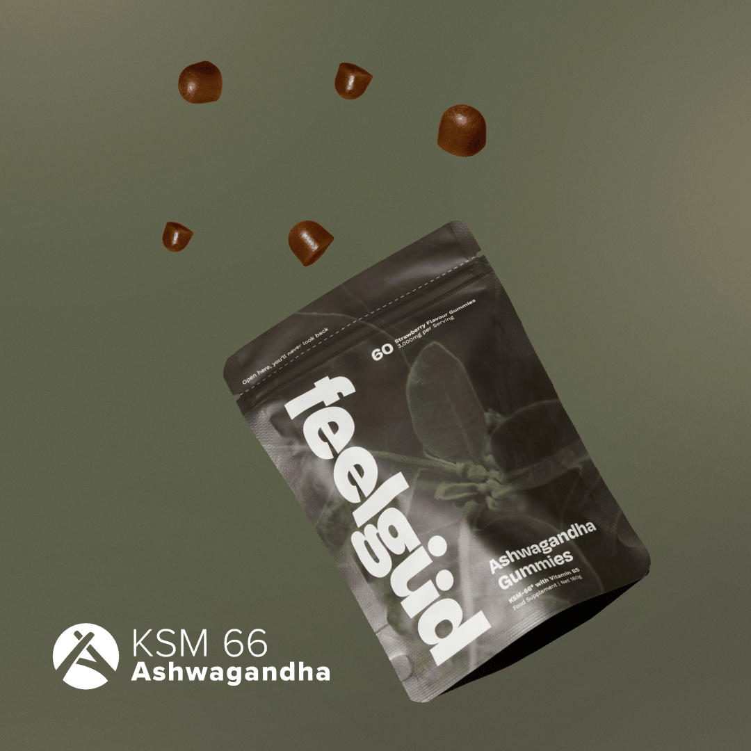 Feel Güd Ashwagandha Gummies showing soft, chewable herbal supplements in a clear container with a natural setting background.