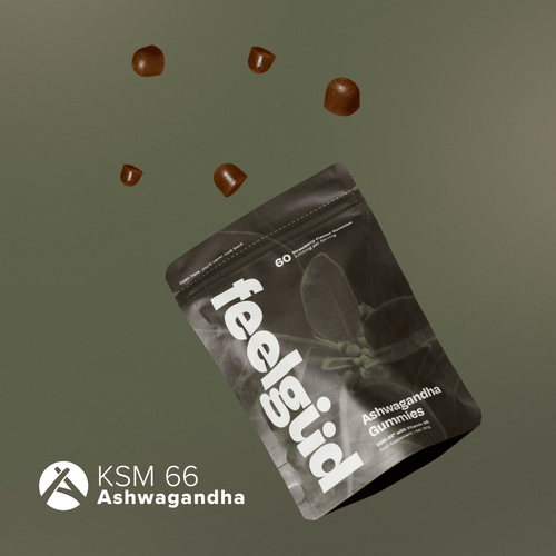 Feel Güd Ashwagandha Gummies showing soft, chewable herbal supplements in a clear container with a natural setting background.