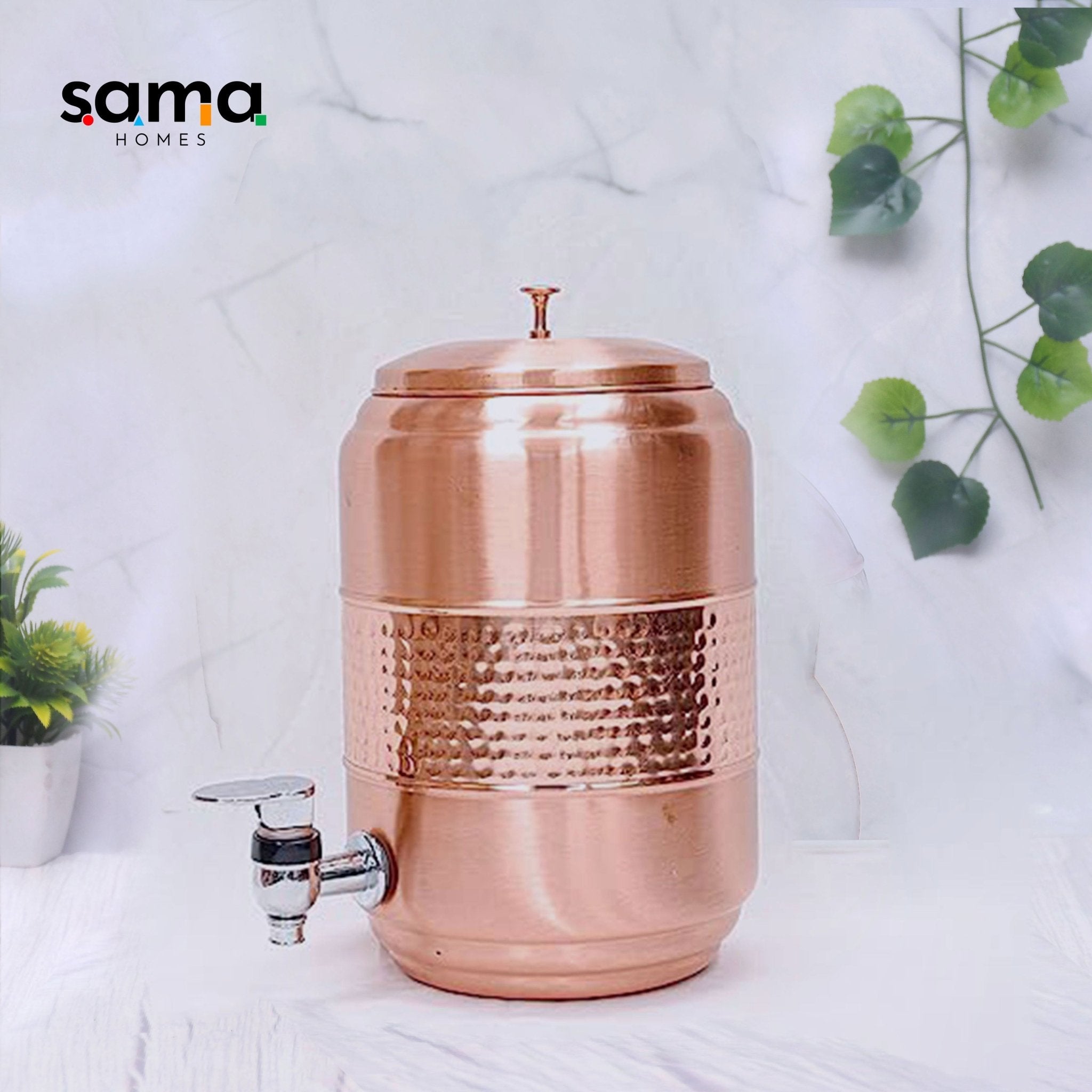 Pure copper 5-liter hammered water dispenser (Matka) by SAMA Homes, showcasing its traditional half-hammered design.