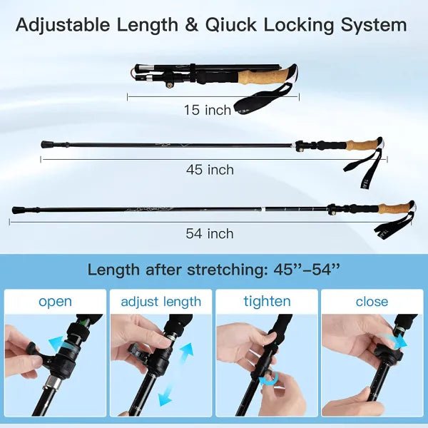 HikeWare Night Cat folding trekking poles with adjustable black aluminum shafts and ergonomic grips for hiking and trekking.